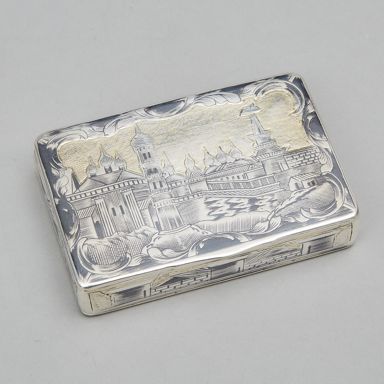 Russian Engraved and Nielloed Silver Rectangular Snuff Box, Ivan Kaltikov, Moscow, 1829