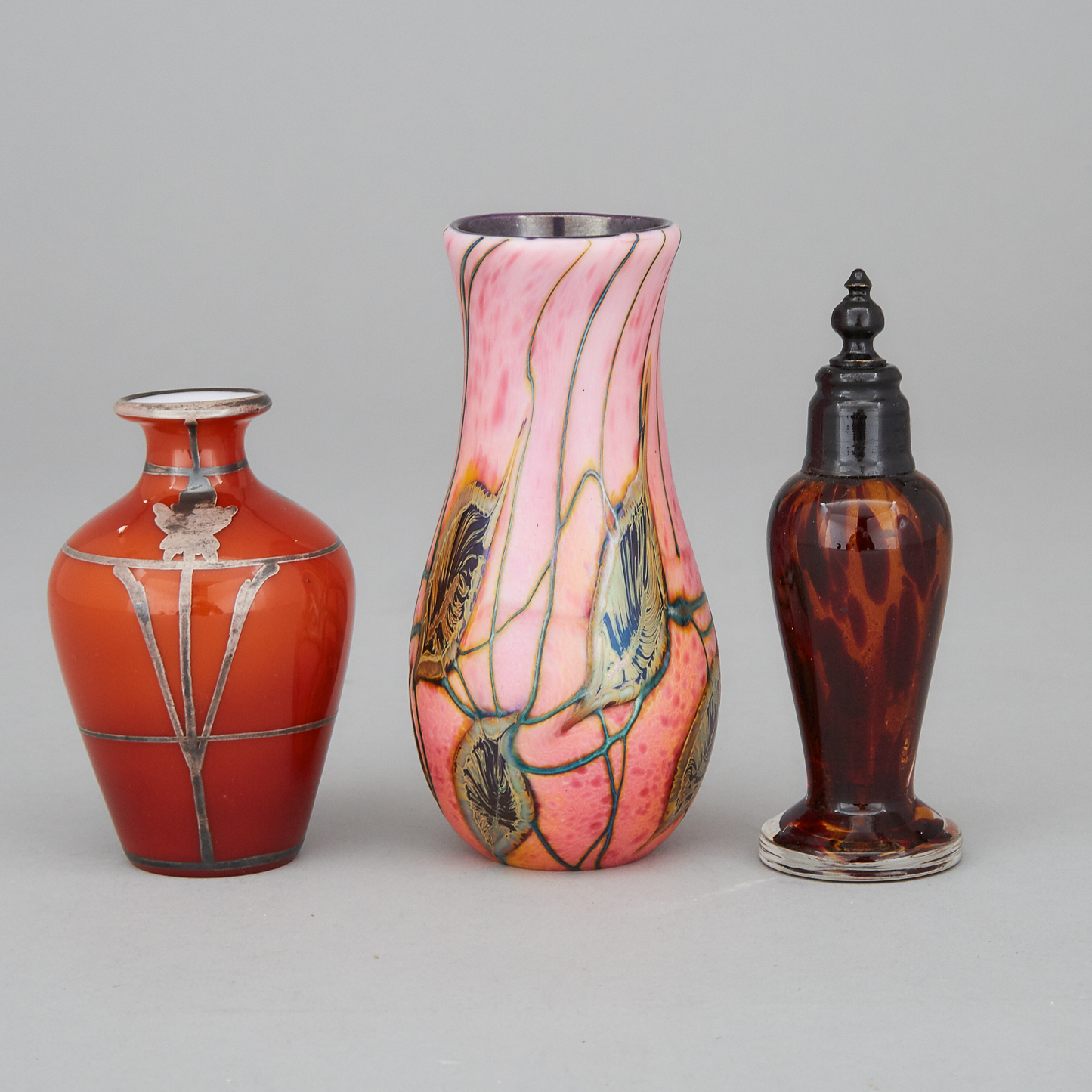 David Lotton Glass Small Vase, Silver Overlaid Coloured Glass Vase and Tortoiseshell Glass Perfume Bottle, 20th century