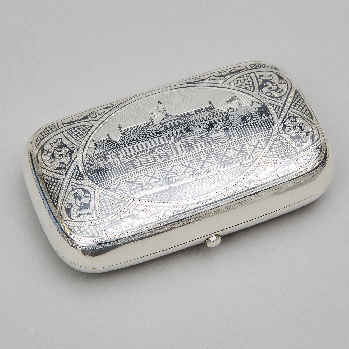 Russian Engraved and Nielloed Silver Cheroot Case, Andrei Postnikov, Moscow, 1887