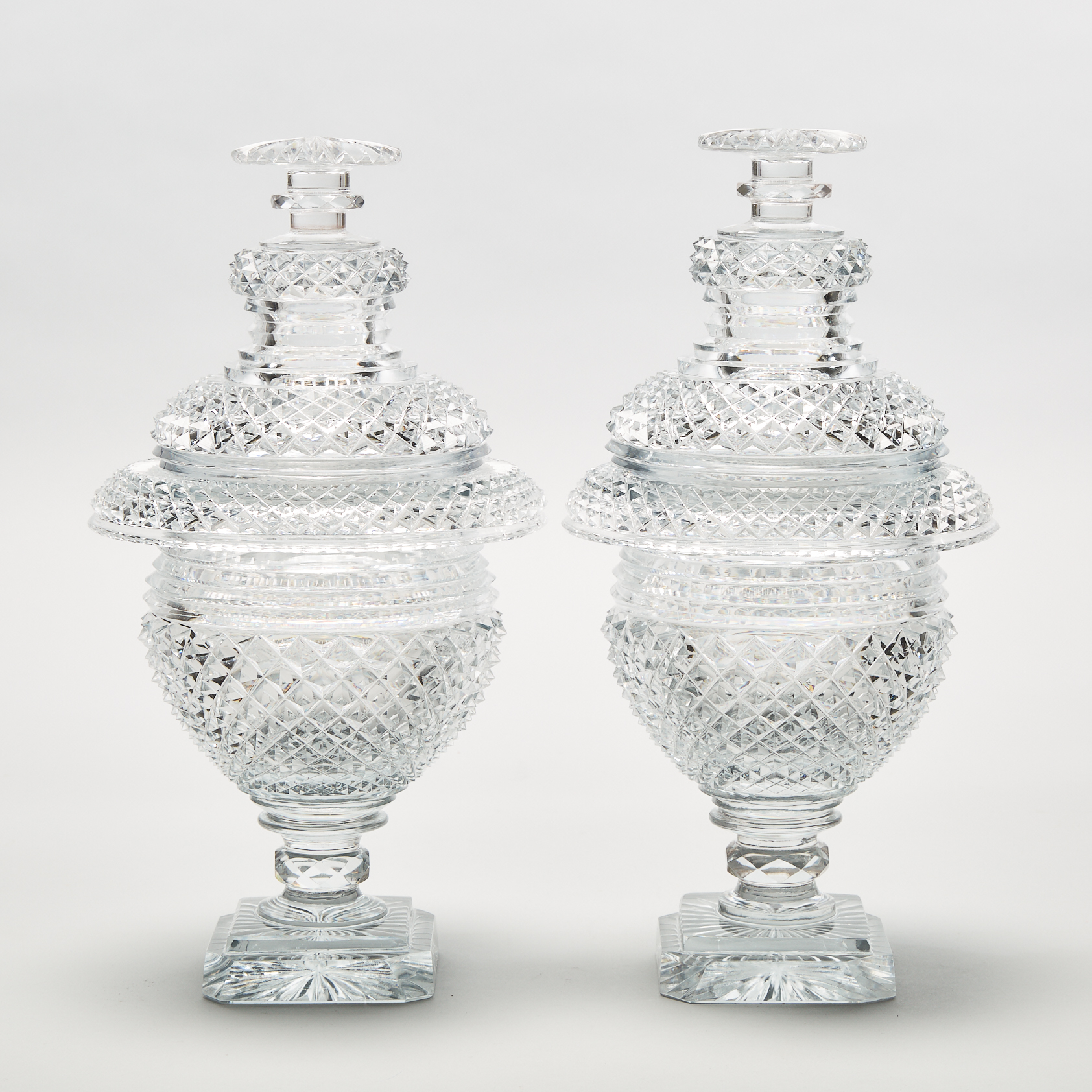 Pair of Anglo-Irish Cut Glass Sweetmeat Vases and Covers, 19th century