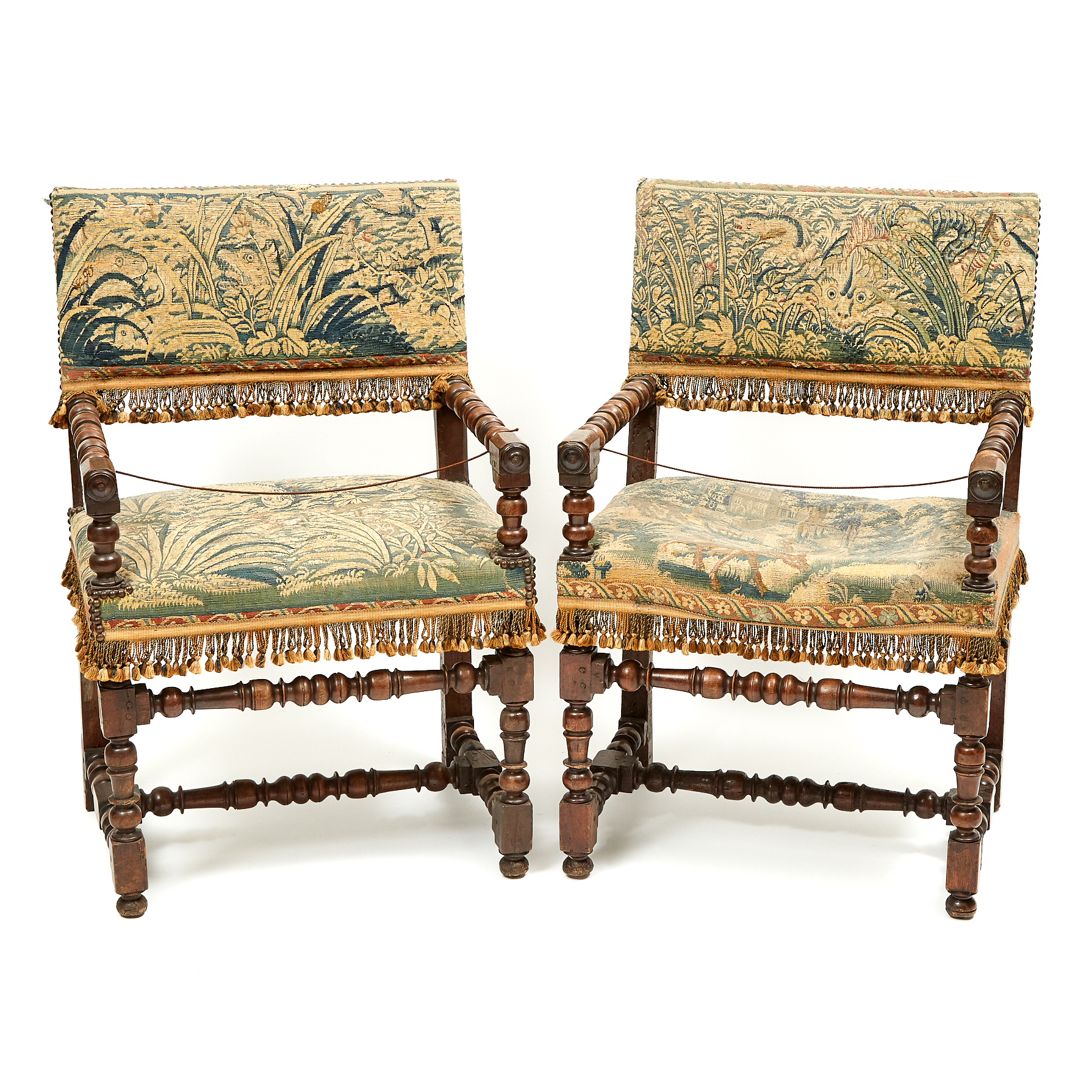 Pair of Jacobean Spool Turned Walnut Open Arm Chairs, 17th century