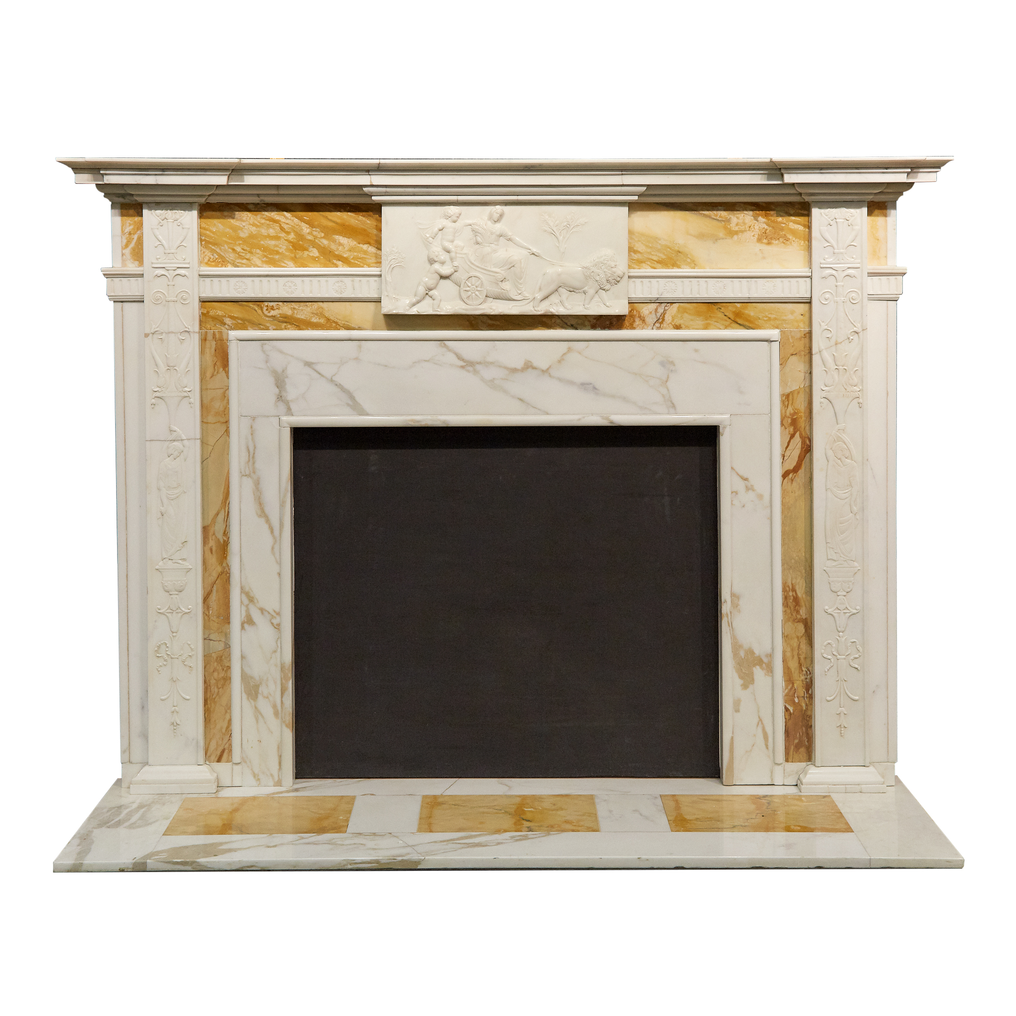 English Neo Classical White Variegated and Sienna Marble Fireplace Mantle and Surround, early 20th century