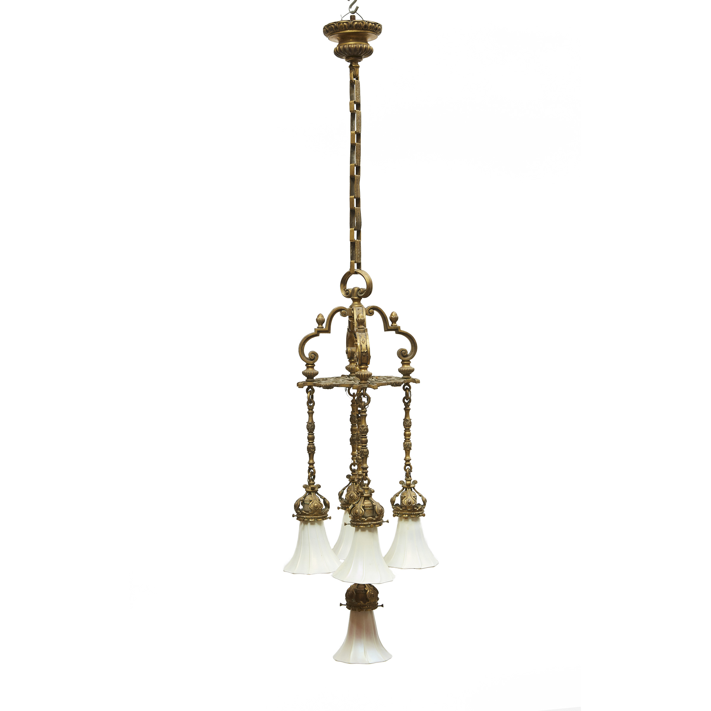 Victorian Renaissance Revival Gilt Bronze Five Light Hanging Fixture with Quezal Glass Shades, late 19th century 