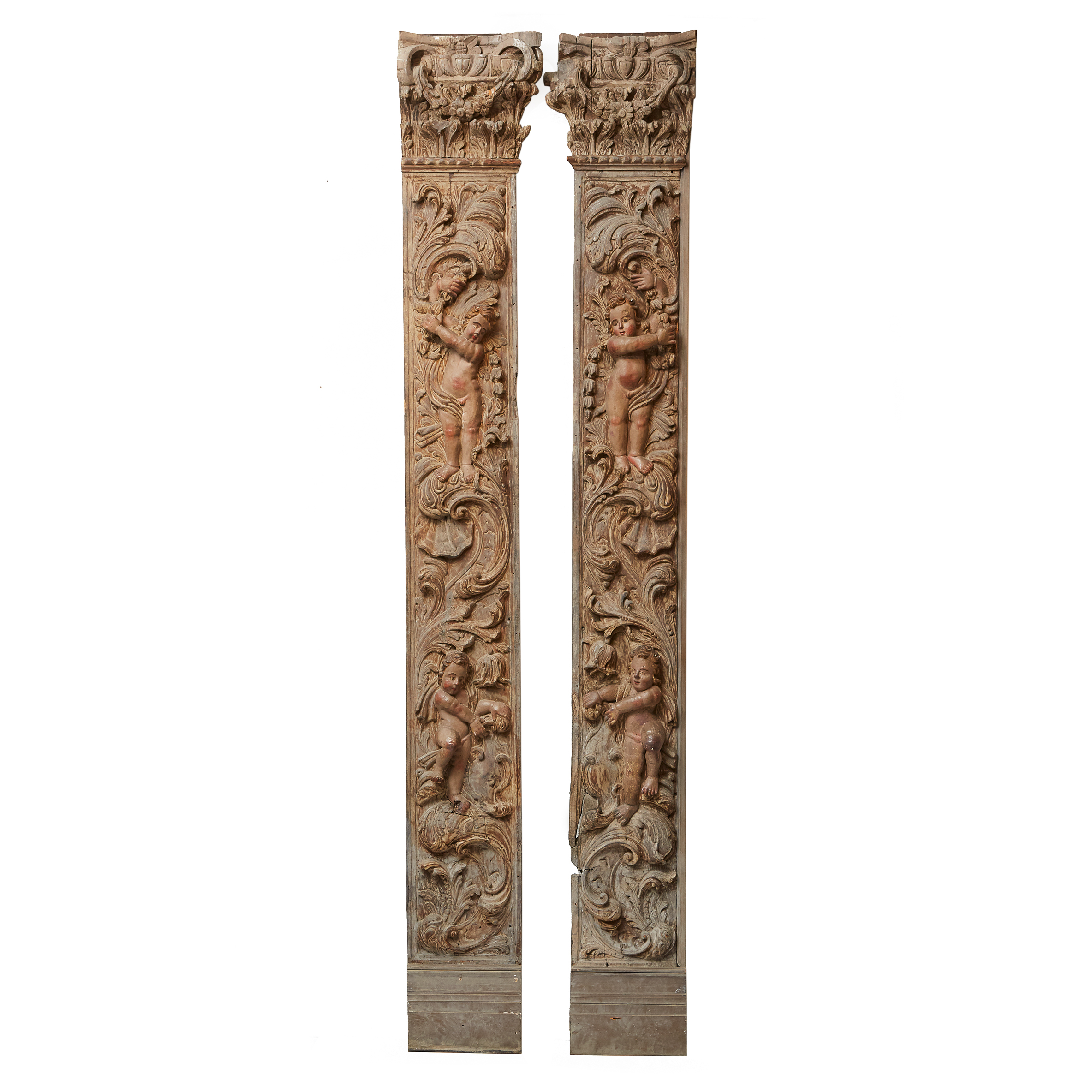 Pair of Italian Rococo Polychromed Pilasters, 18th century