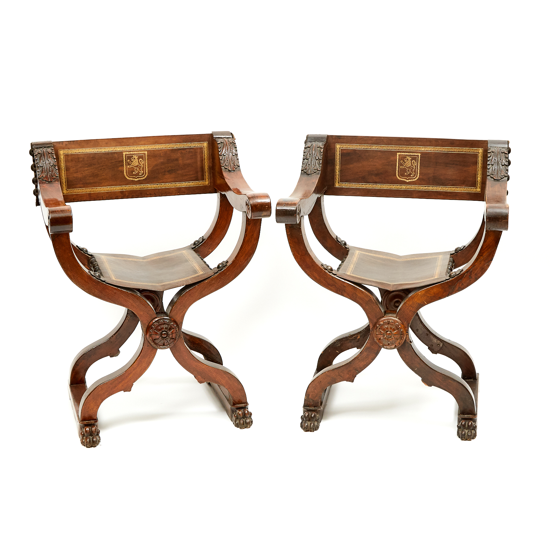 Pair of Italian Renaissance Revival Savonarola  Arm Chairs, 19th century