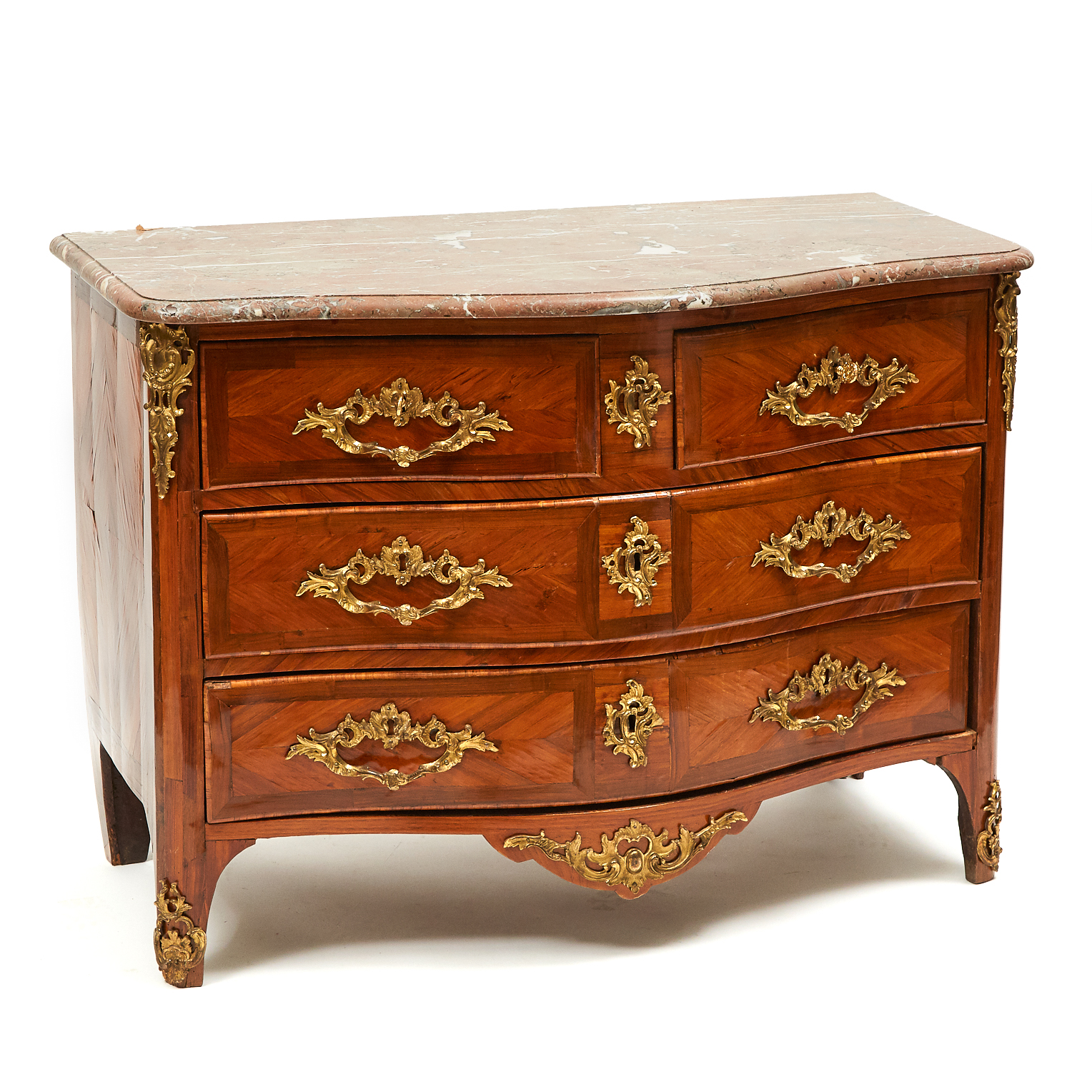 French Regencé Style Ormolu Mounted Tulipwood Parquetry Commode, 19th cetnury