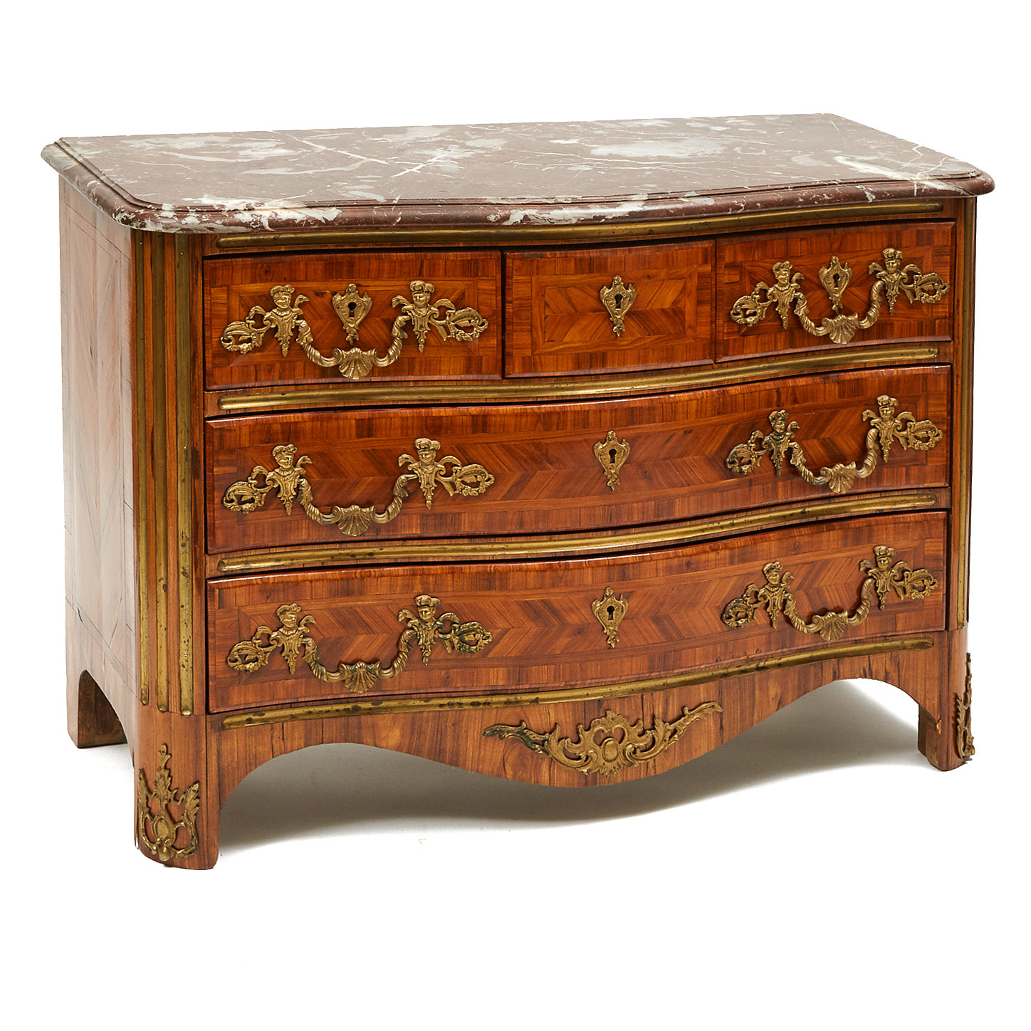 French Regencé Style Ormolu Mounted Tulipwood Parquetry Commode, 19th century