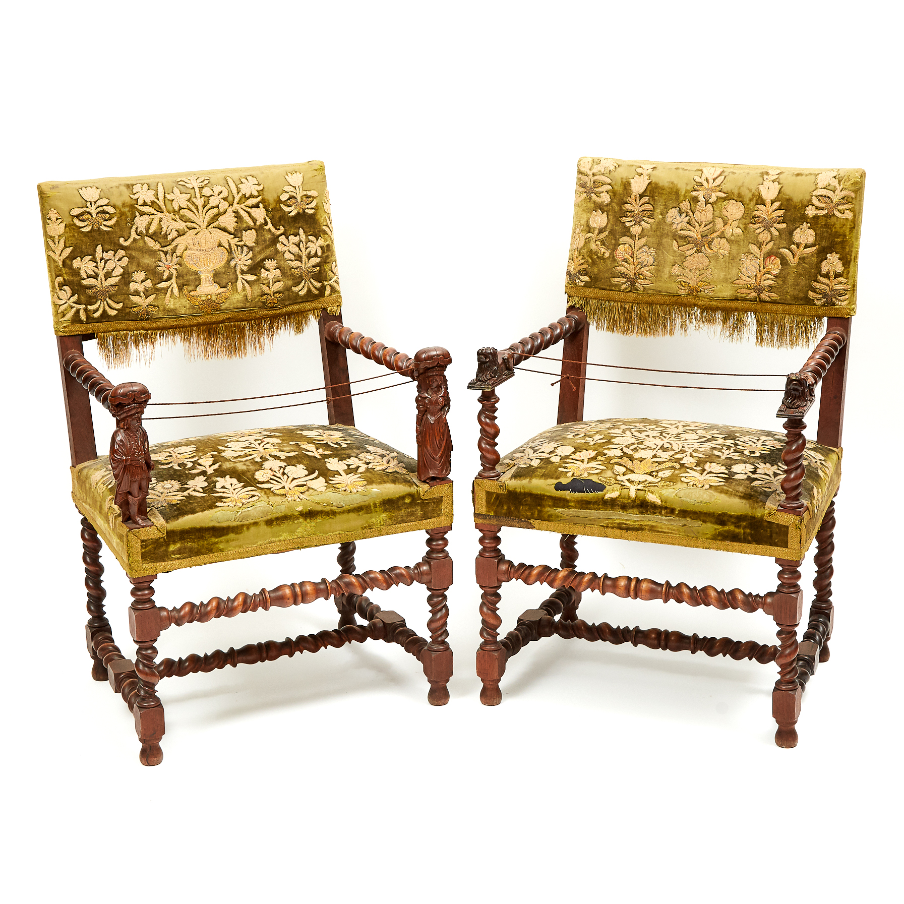 Pair of Jacobean Style Barley Twist Open Armchairs, 19th century