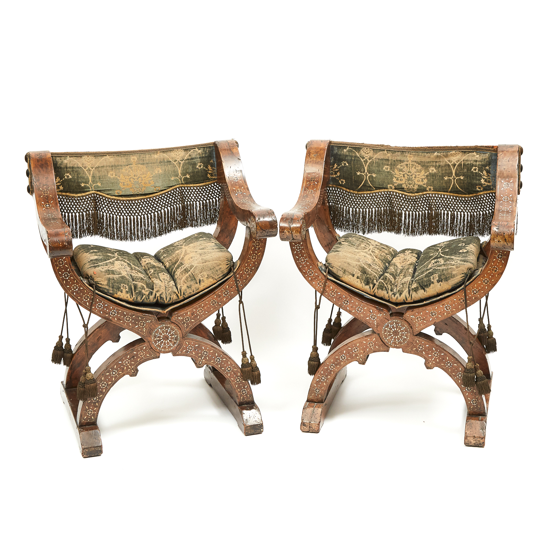 Pair of Italian Bone Inlaid Walnut Savonarola Chairs, 18th century