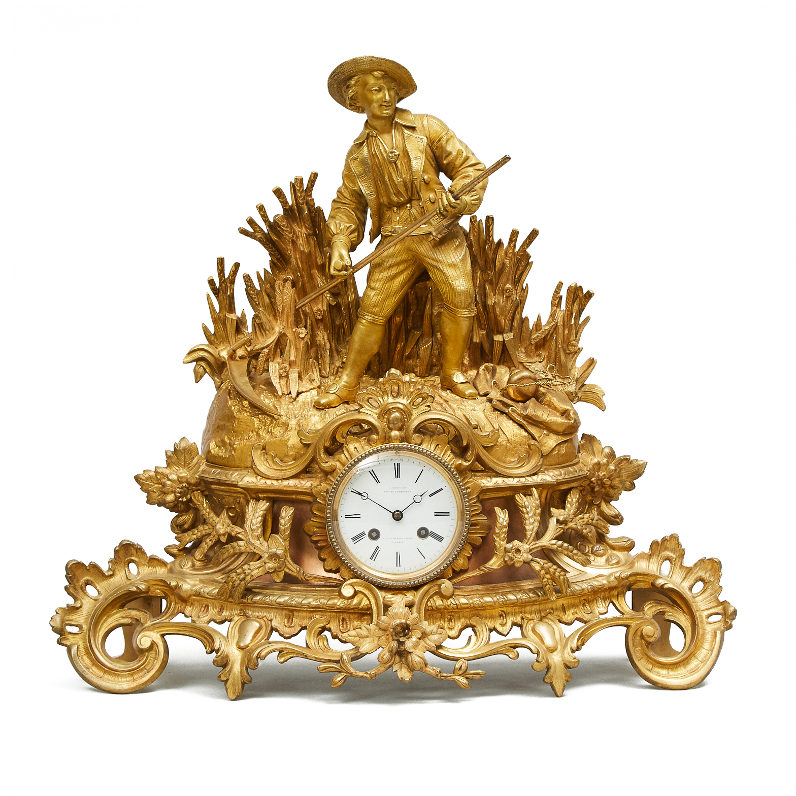 French Gilt Bronze Figural Mantel Clock Retailed by C. Detouche, Fseur de L'Empereur, Paris c.1860