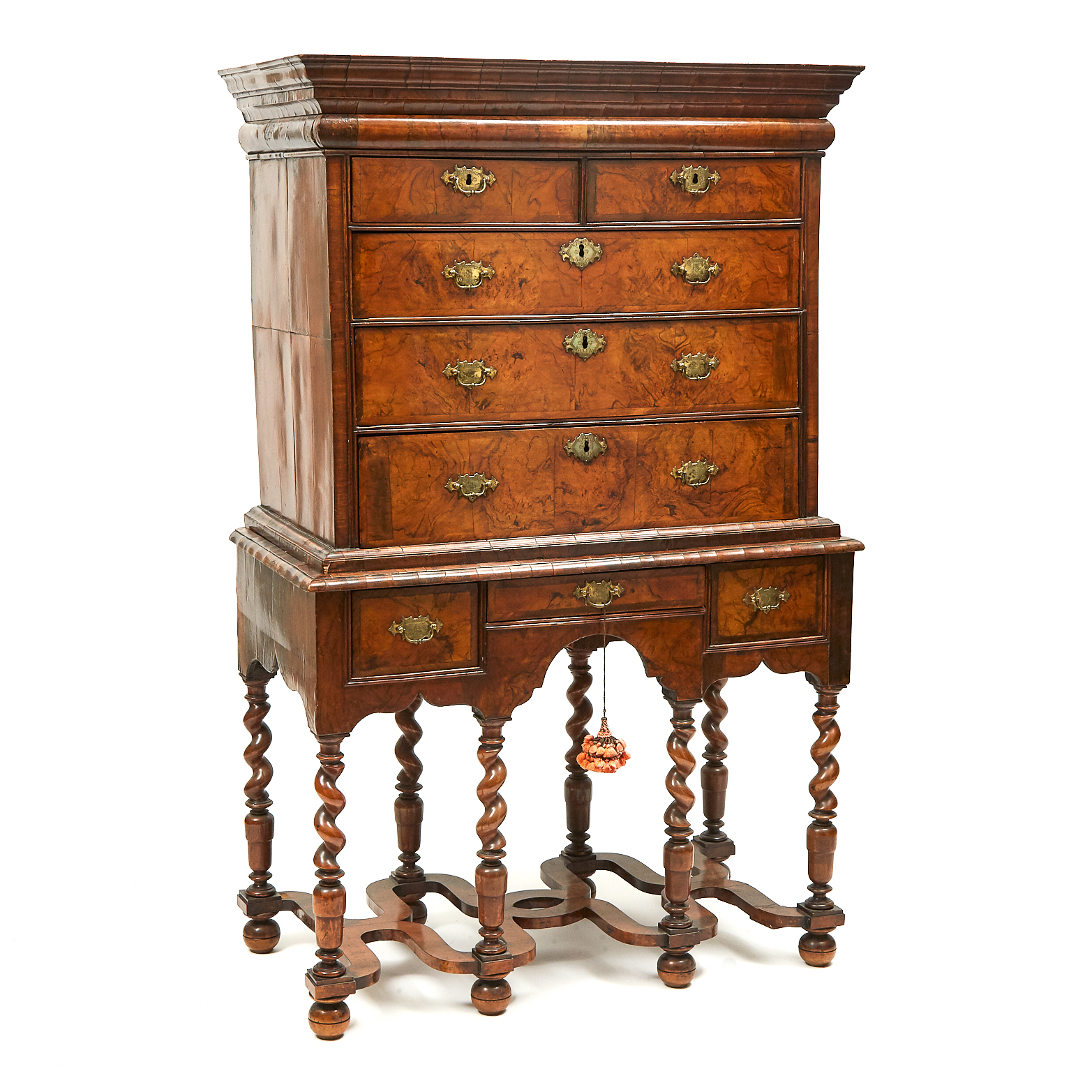 William and Mary Figured Walnut Highboy Chest on Stand, c.1700