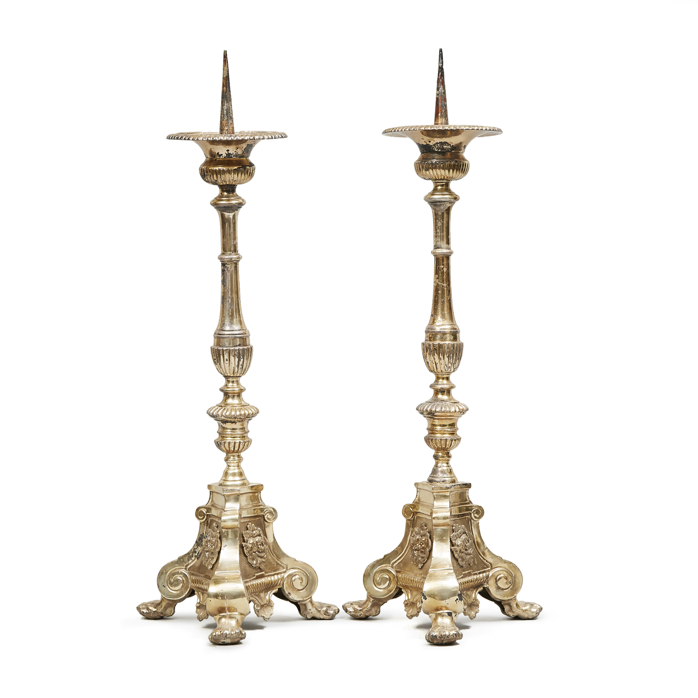 Pair of French Silvered Bronze Altar Pricket Candlesticks, c.1840