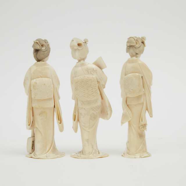 A Group of Three Ivory Okimono of Geishas, Meiji Period