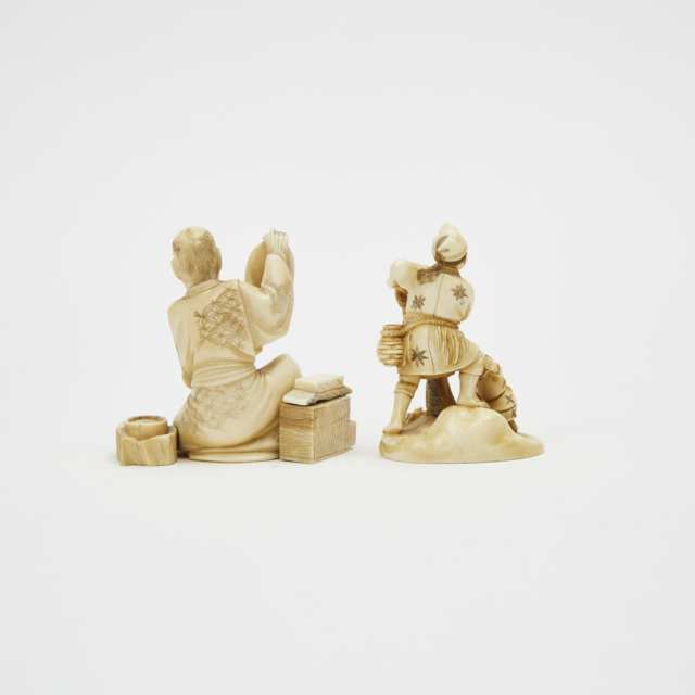 Two Ivory Okimono of a Mask Carver and a Fisherman, Meiji Period