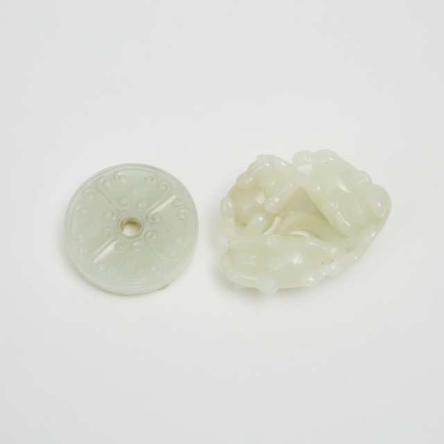 A White Jade 'Cats' Group and a Pale Celadon Jade and Russet 'Chi-Dragon' Bi Disc