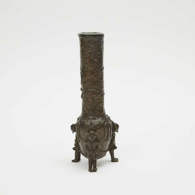 A Chinese Bronze Cylindrical Vessel with Supporting Figure Legs, 19th Century