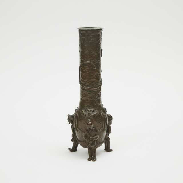 A Chinese Bronze Cylindrical Vessel with Supporting Figure Legs, 19th Century