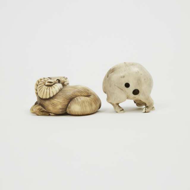 Two Ivory Carved Animal Netsuke, One Signed Hiroaki