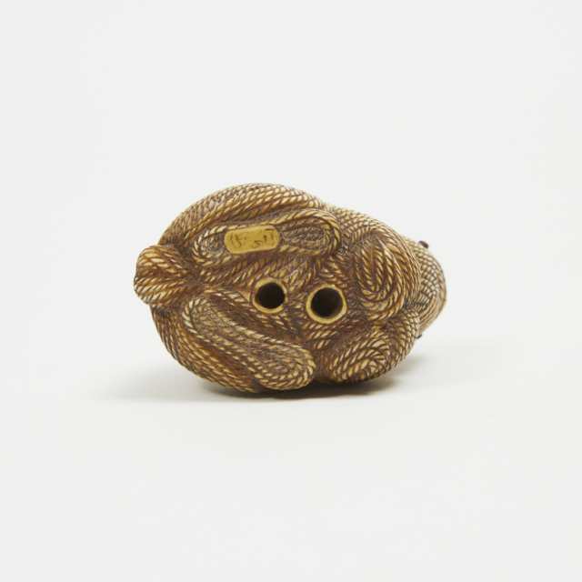 An Ivory Trick Netsuke of a Rabbit-form Rope and Mouse, Signed