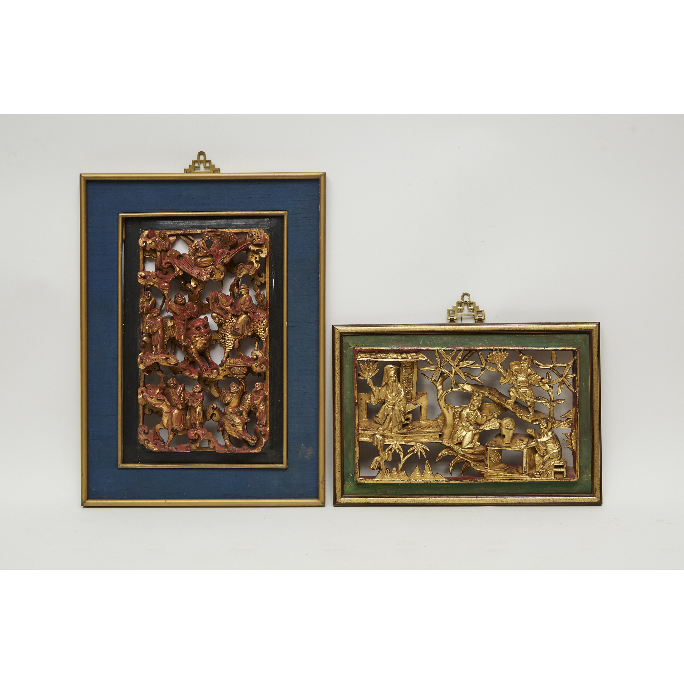 Two Framed Chinese Gilt Wood Temple Carvings, 19th Century