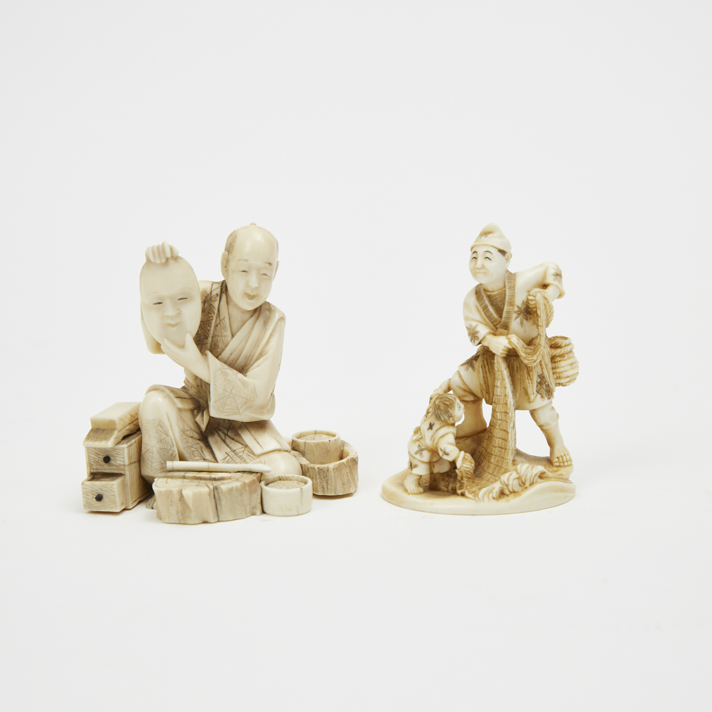 Two Ivory Okimono of a Mask Carver and a Fisherman, Meiji Period