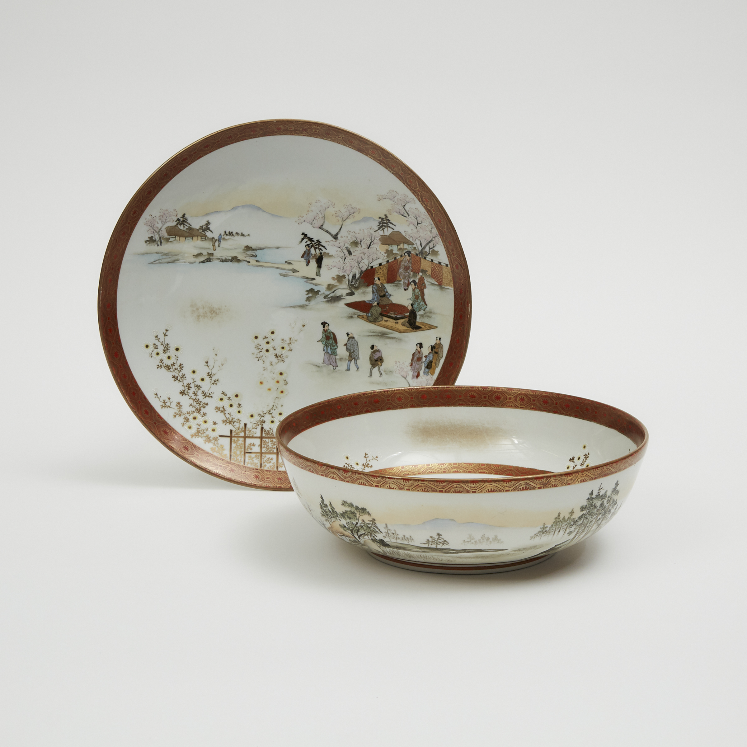 A Kutani 'Landscape' Bowl and Dish, Meiji Period