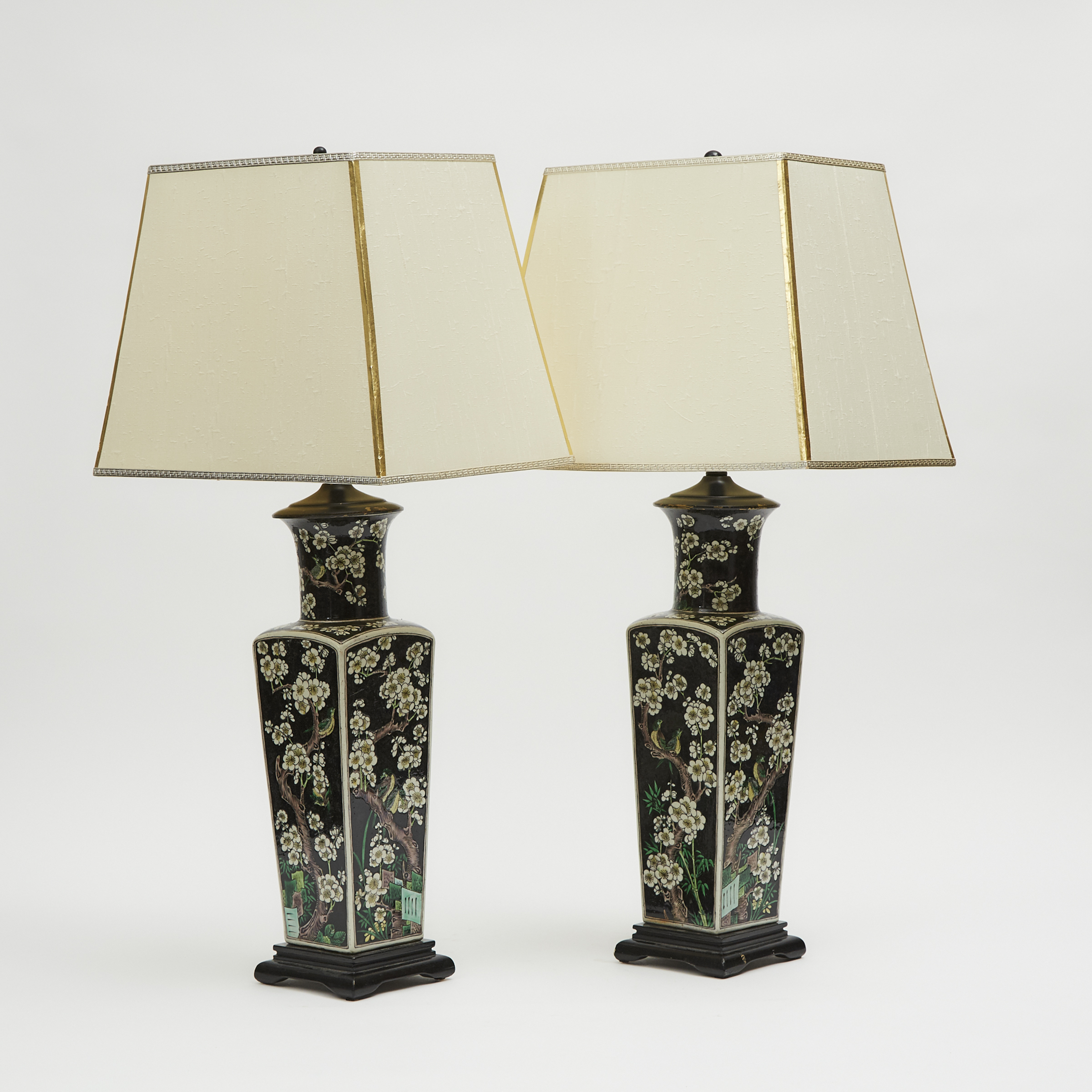A Pair of Famille Noire Vase Lamps