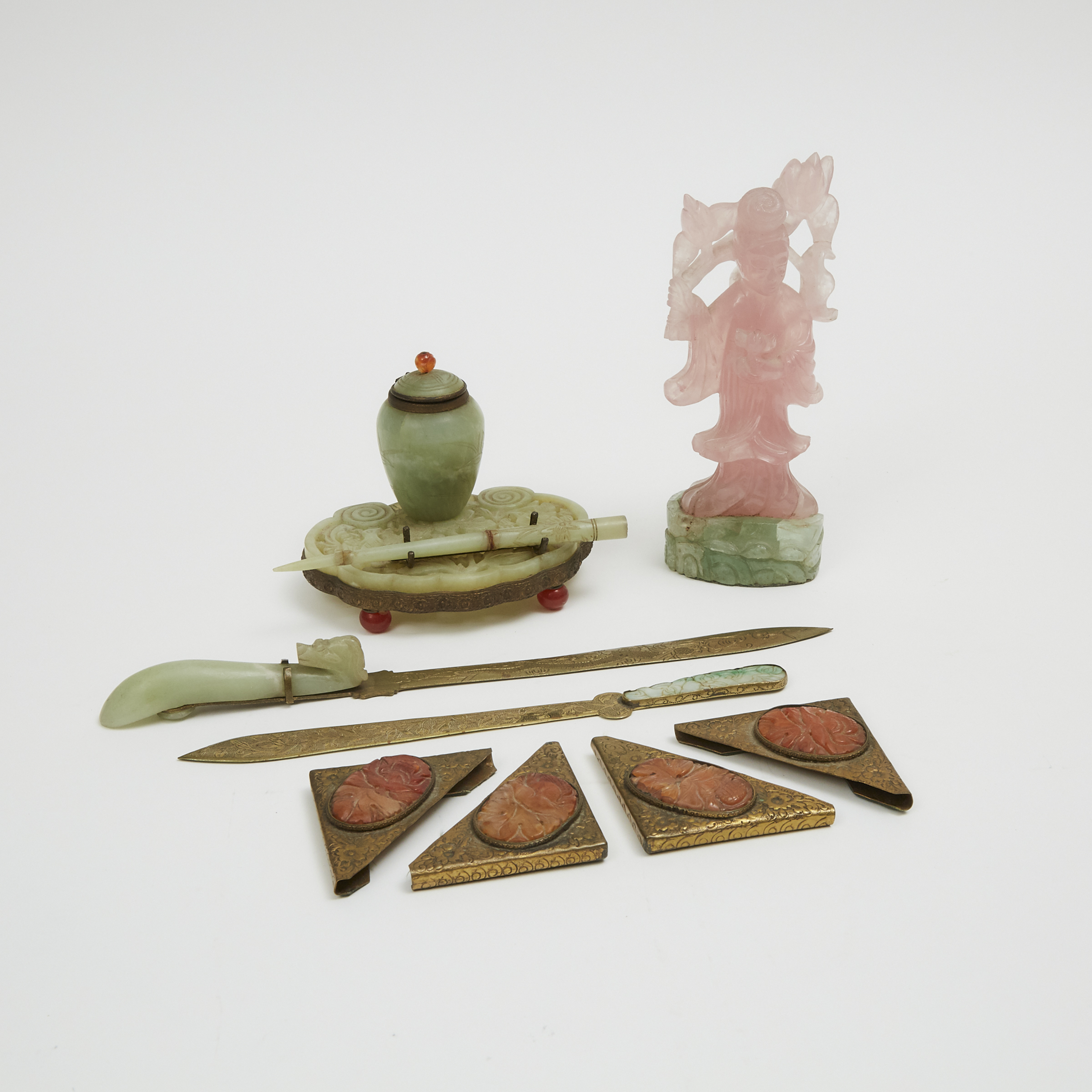 A Hardstone Stationery Set and a Rose Quartz Figure
