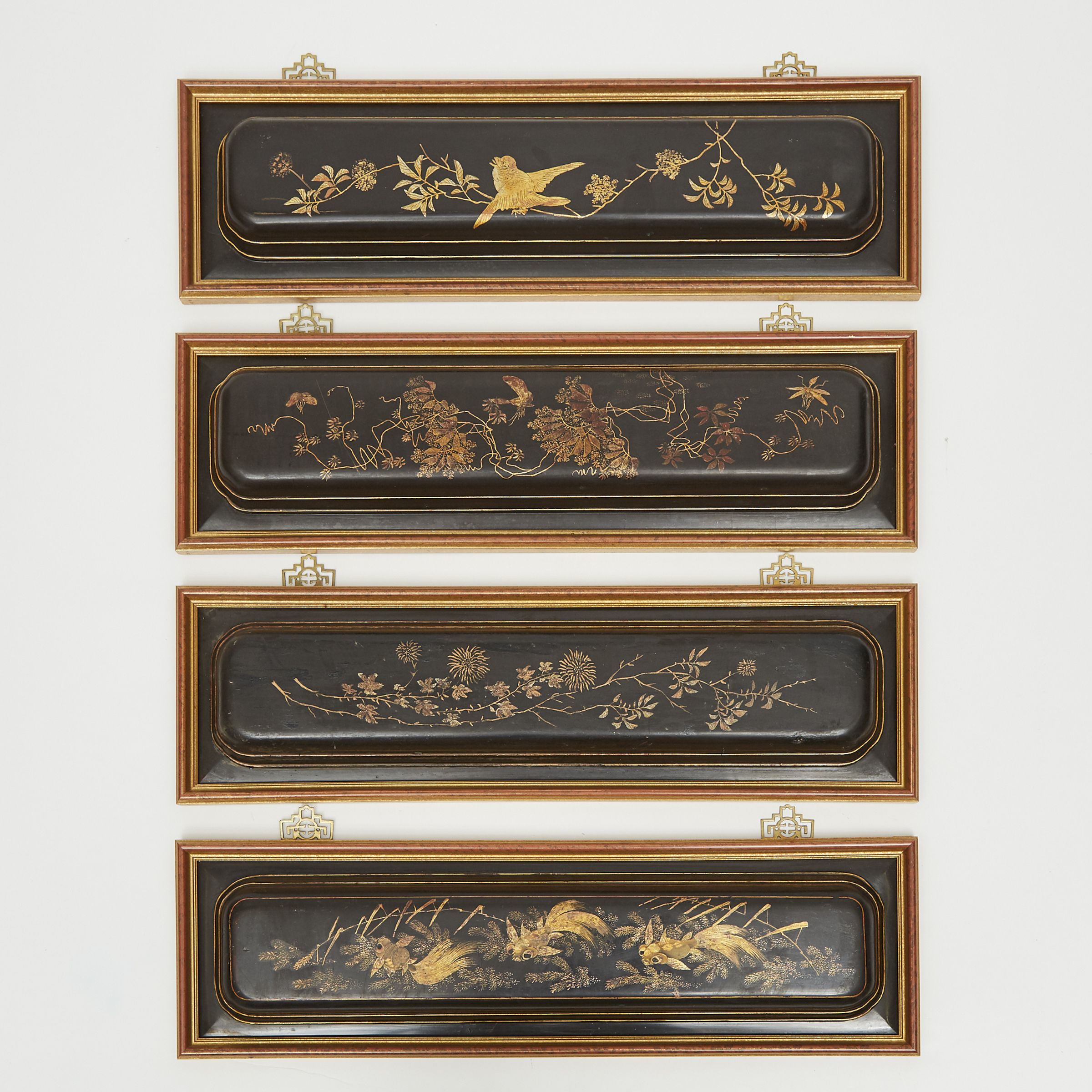 A Set of Four Gilt Black Lacquer Panels, 19th Century