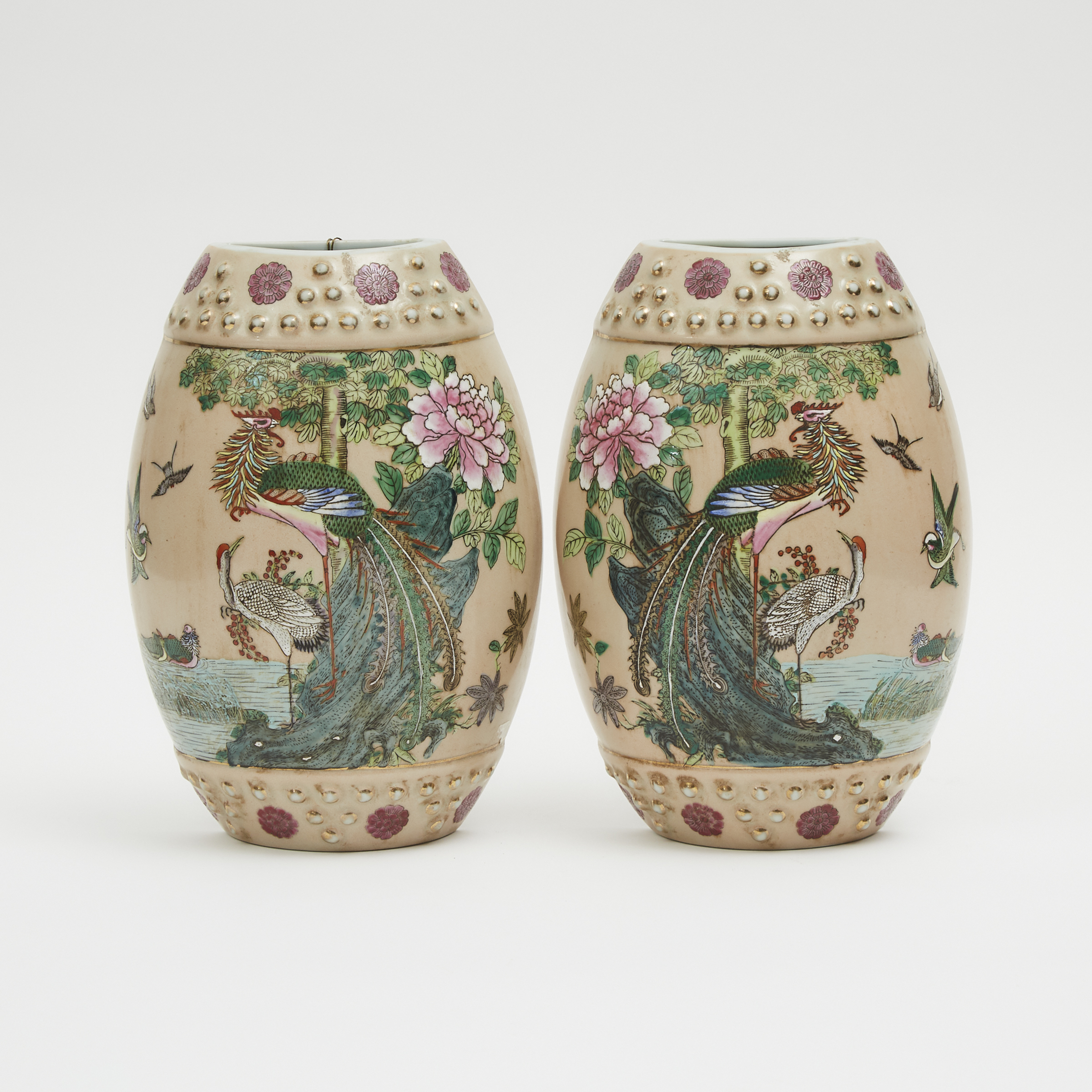A Pair of Barrel-Form 'Phoenix' Wall Vases
