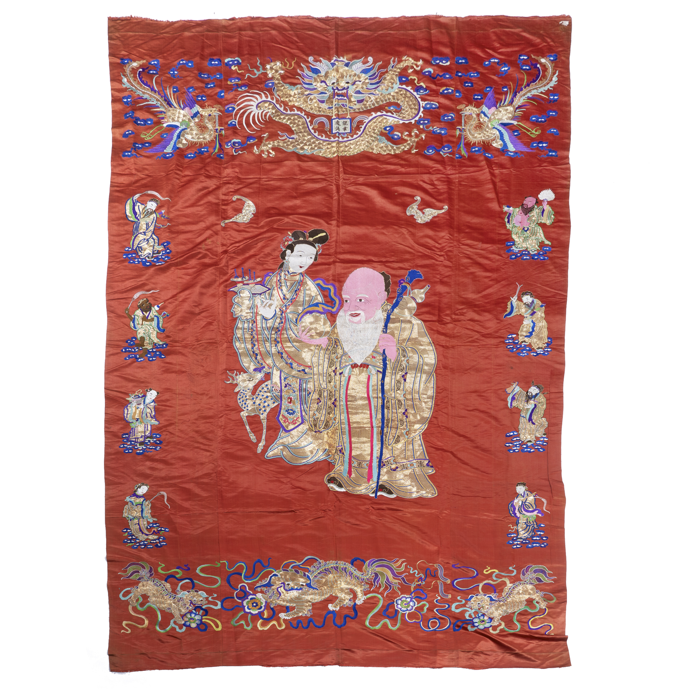 A Massive Red Ground Silk Embroidery with Daoist Deities, Early 20th Century
