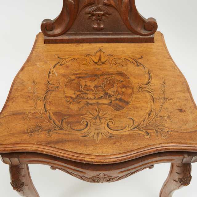 Swiss 'Black Forest' Carved and Inlaid Walnut Musical Chair, c.1900