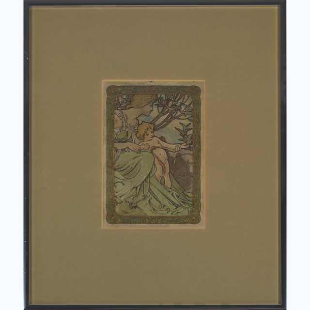 Pair of French Art Nouveau Embossed Prints on Glazed Linen, after Alphonse Mucha (1860-1939), early 20th century