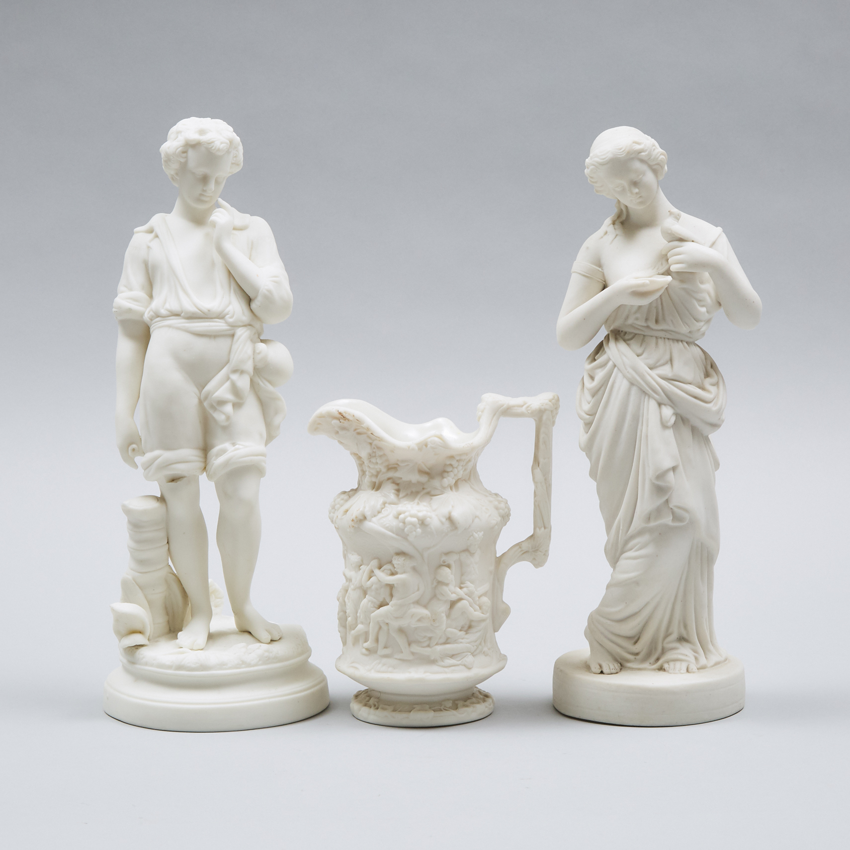 Pair of English Parian Figures of 'Peace' and Companion, and a Naturalistic Style Jug, mid-19th century