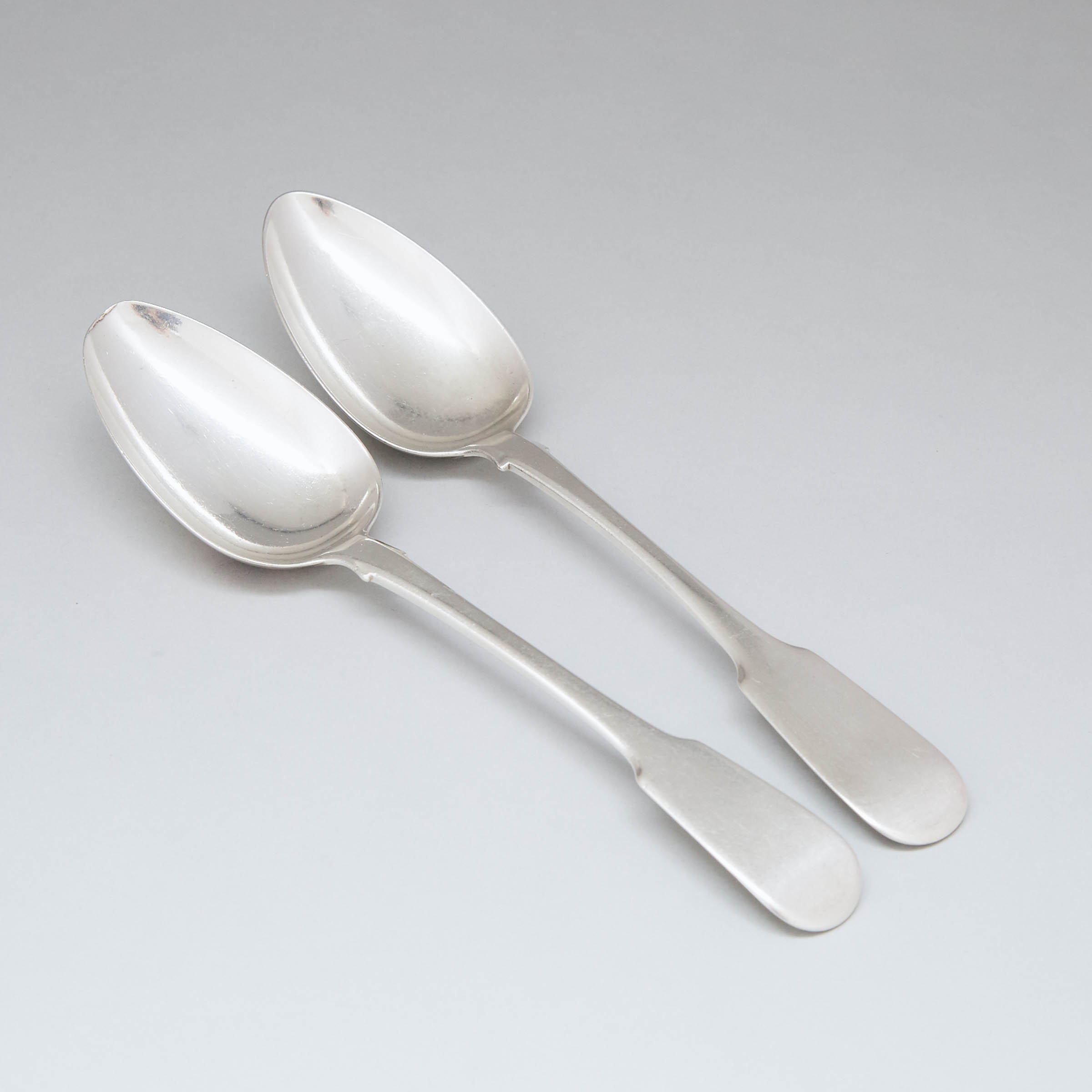  Two Canadian Silver Fiddle Pattern Table Spoons, Laurent Amiot, Quebec City, Que., c.1820-30