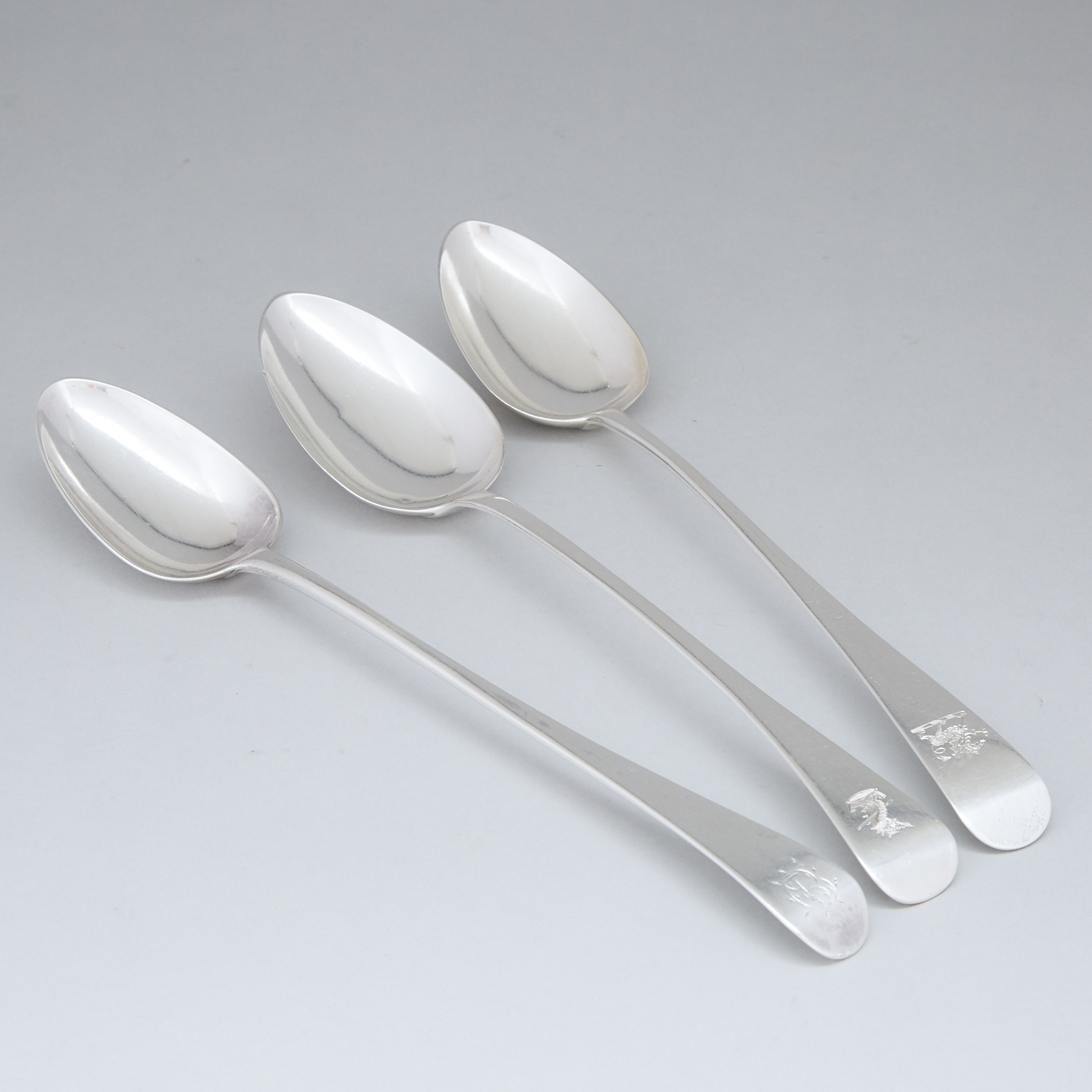 Three Georgian Silver Old English Pattern Serving Spoons, John Blake, London, 1794, Thomas Wallis II, 1800 and Thomas Barker, 1826