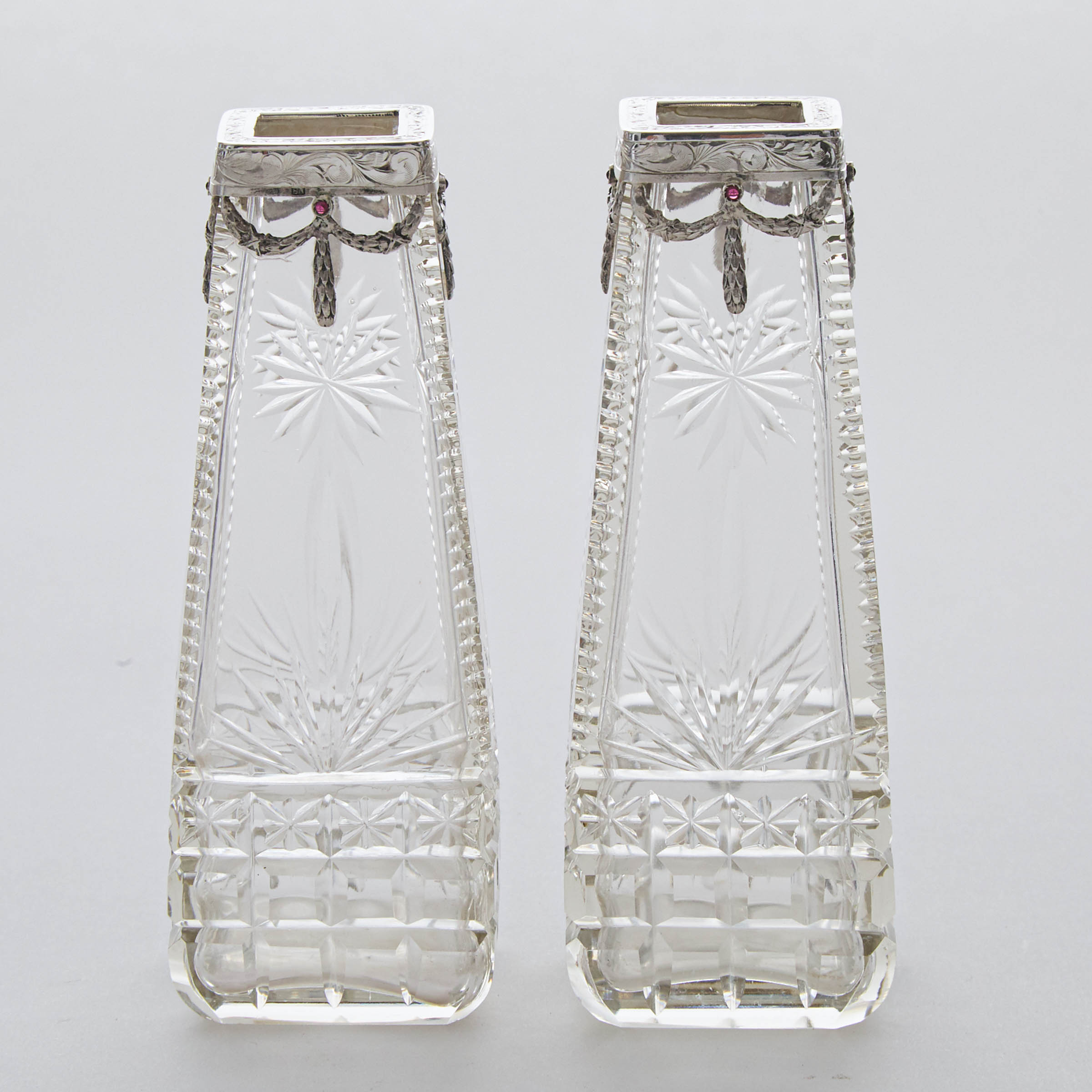Pair of Silver Mounted Cut Glass Vases, probably Russian, 20th century