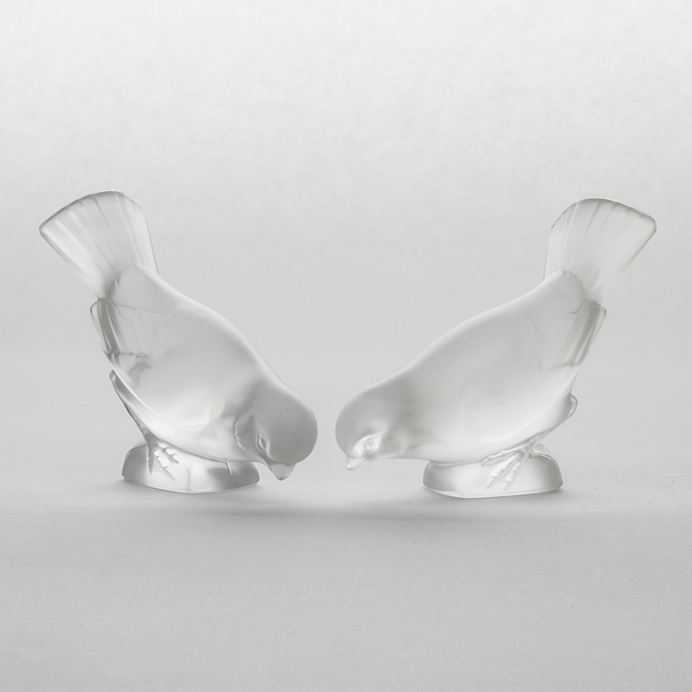 ‘Moineaux’, Two Lalique Moulded and Frosted Glass Birds, post-1945