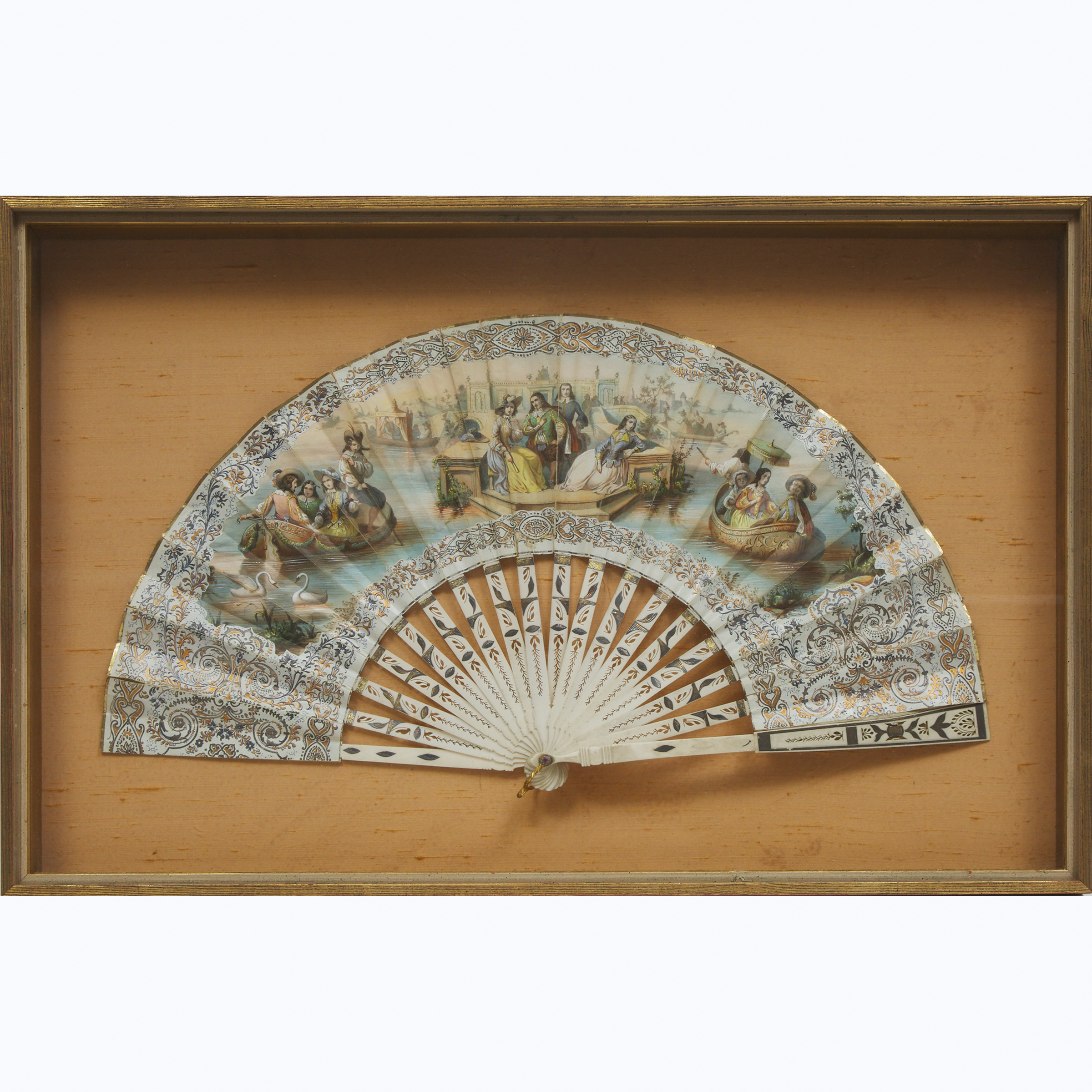 Frame Cased French Lithographed Paper Fan, late 19th/early 20th century