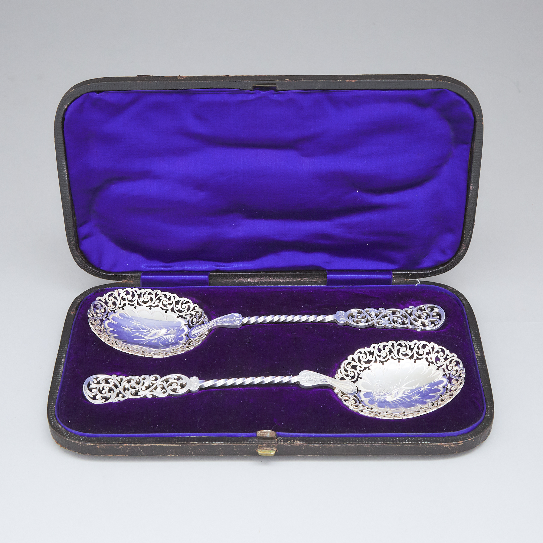 Pair of Victorian Silver Pierced and Engraved Berry Spoons, Roberts & Belk, Sheffield, 1888