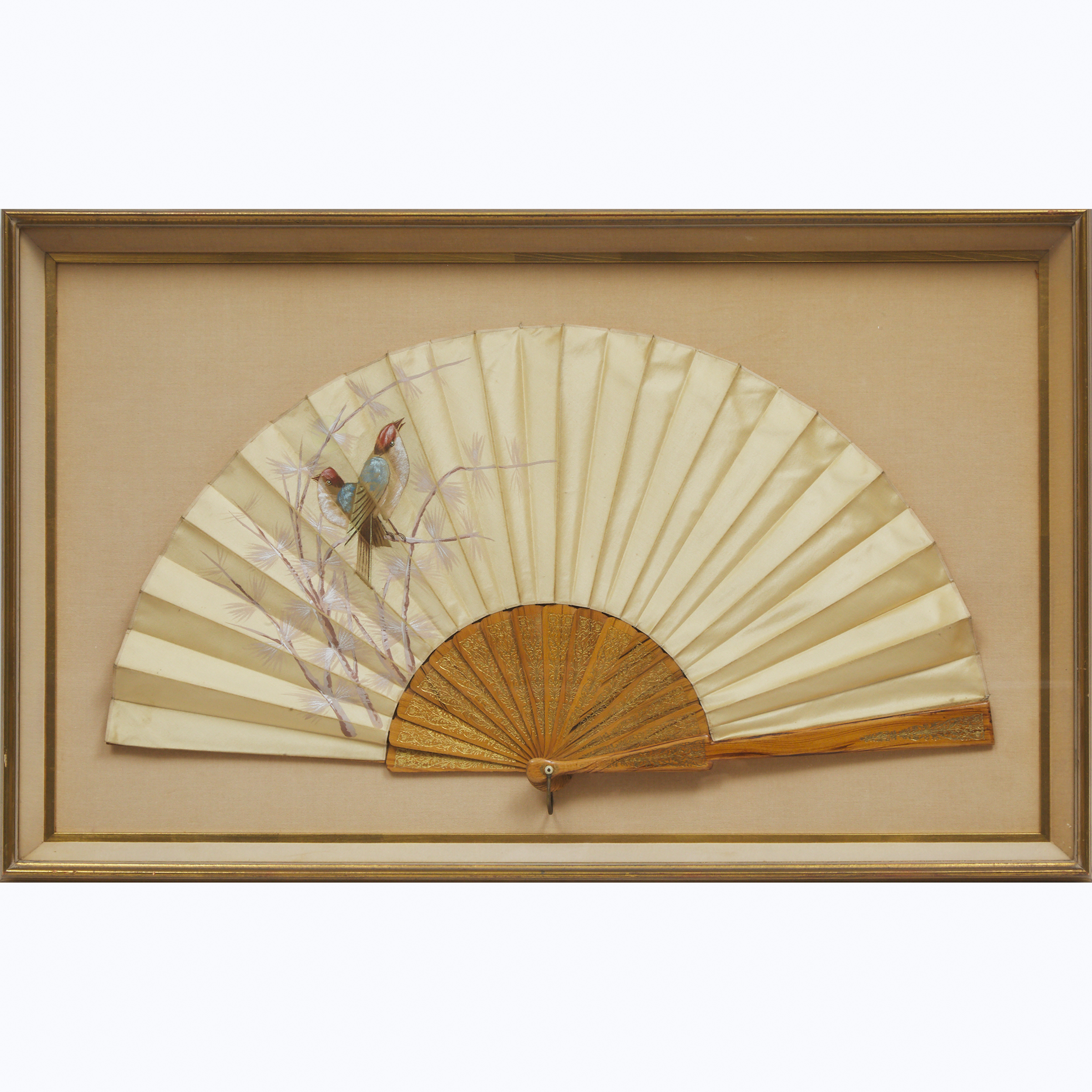 Frame Cased Large French Painted Silk Fan, mid 20th century