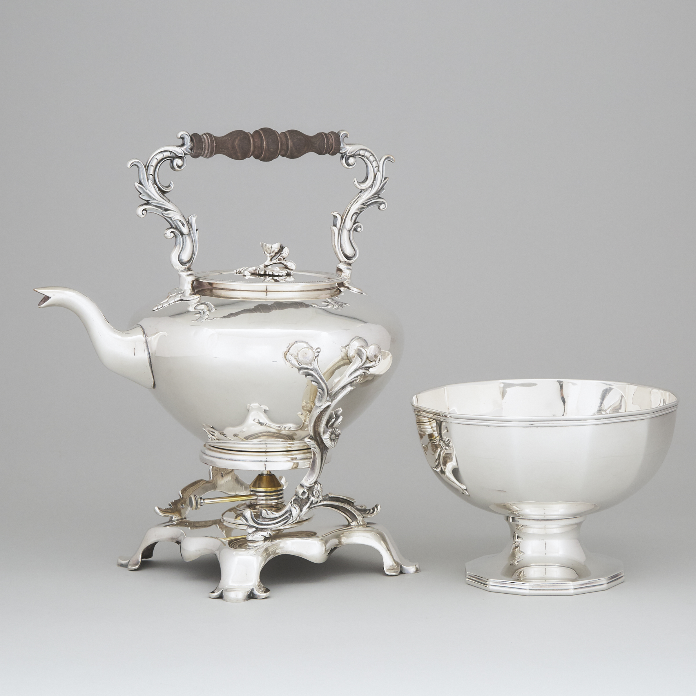 Silver Plated Tea Kettle on Lampstand and a Footed Bowl, 20th century