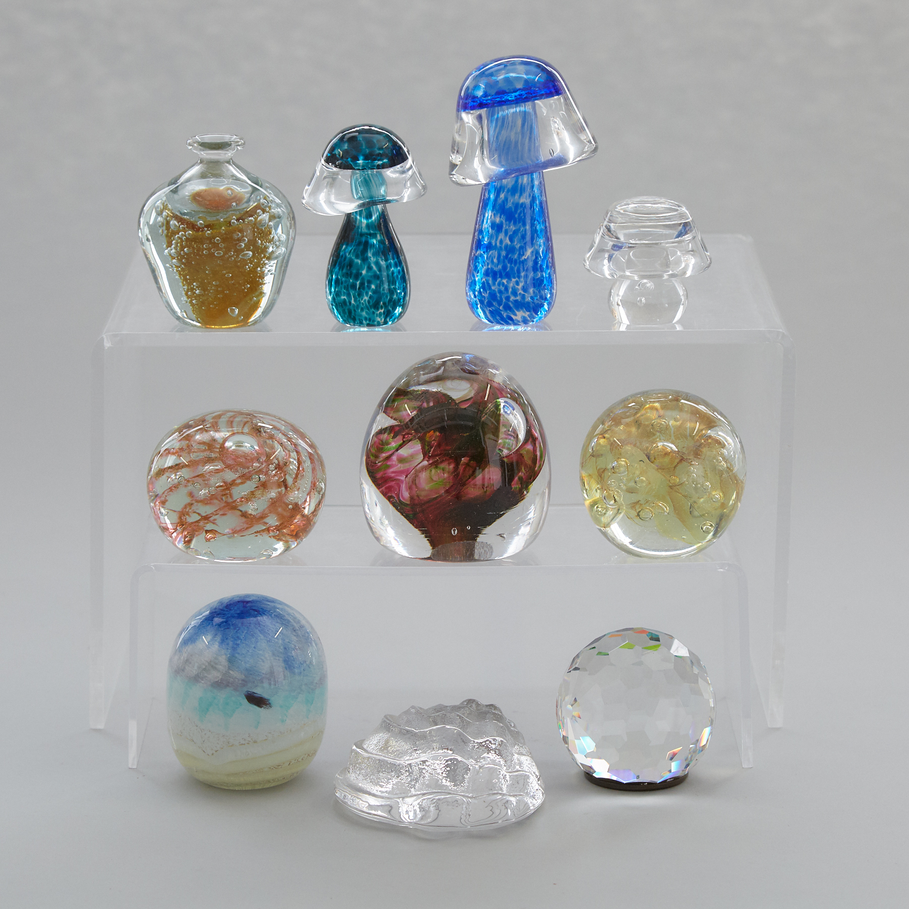 SIx Various Glass Paperweights, Three Glass Mushrooms, and a Small Vase, 20th century