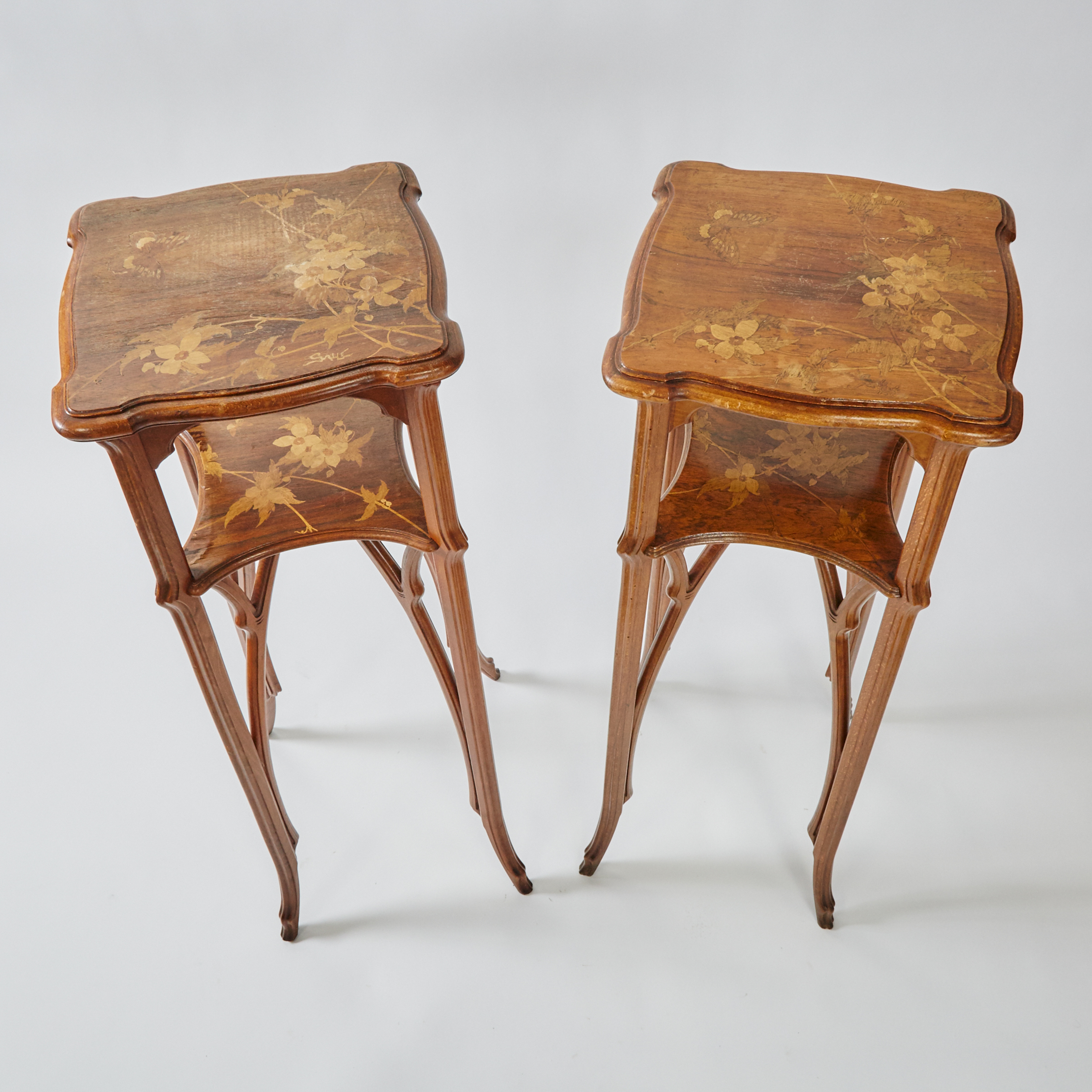 Pair of Émile Gallé French Art Nouveau Mixed Wood Marquetry Inlaid Plant Stands, 19th/early 20th Century
