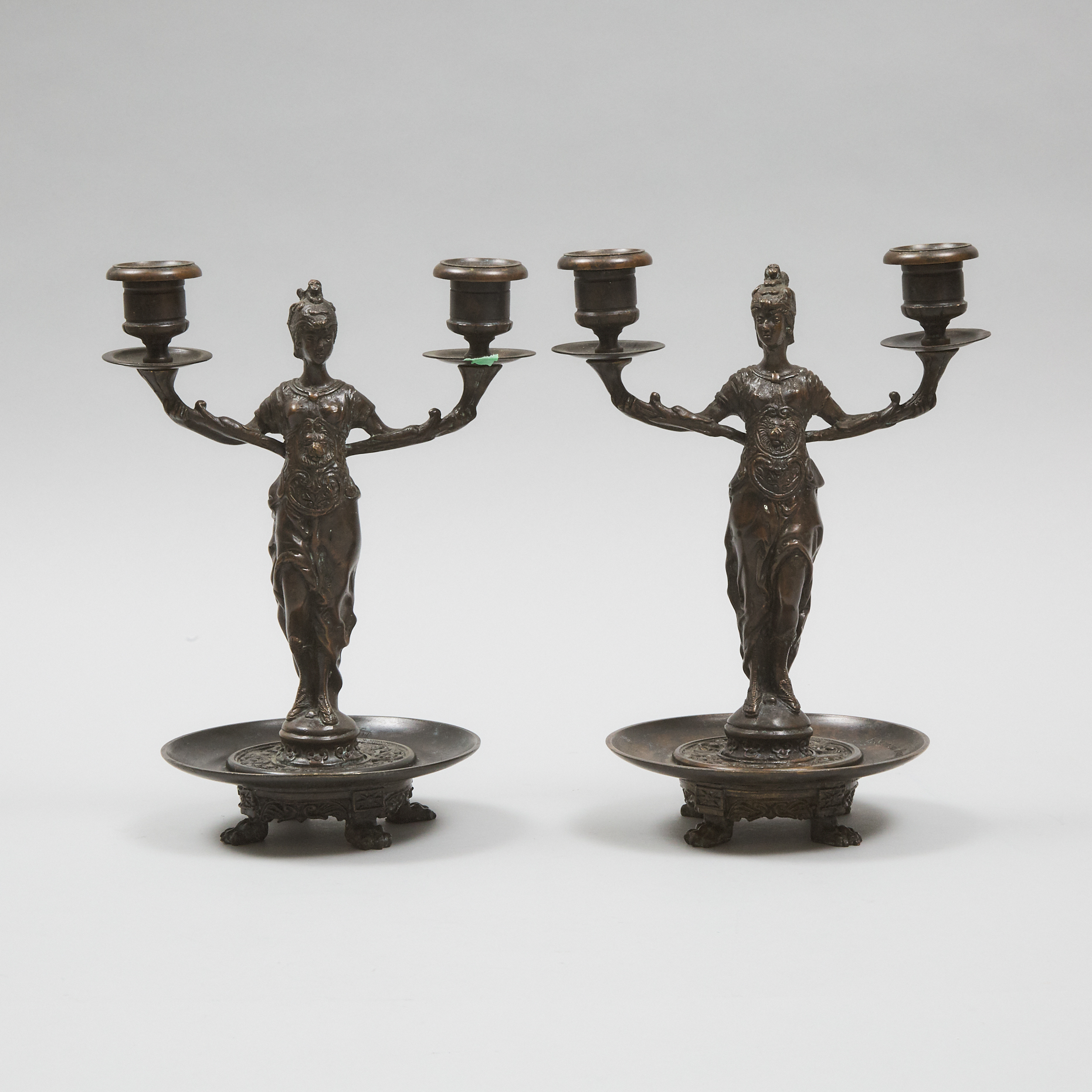 Pair of French Neo Grec Patinated Bronze Candleabra signed F. Souchal, Paris, late 19th century