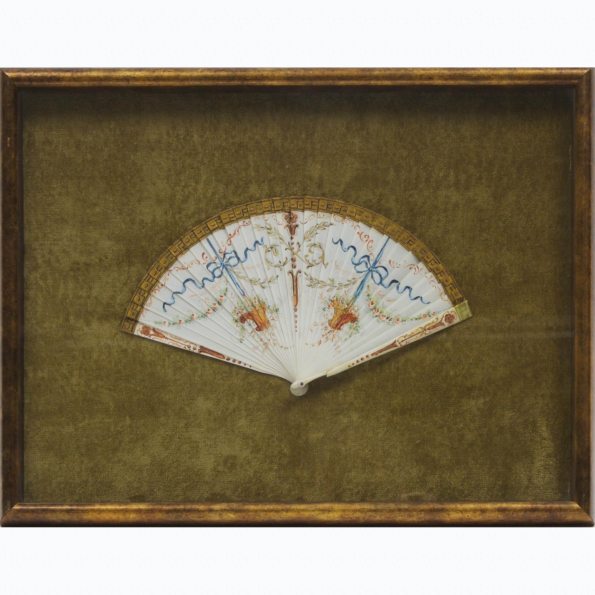 Frame Cased Petite French Painted Bone Fan, 19th century