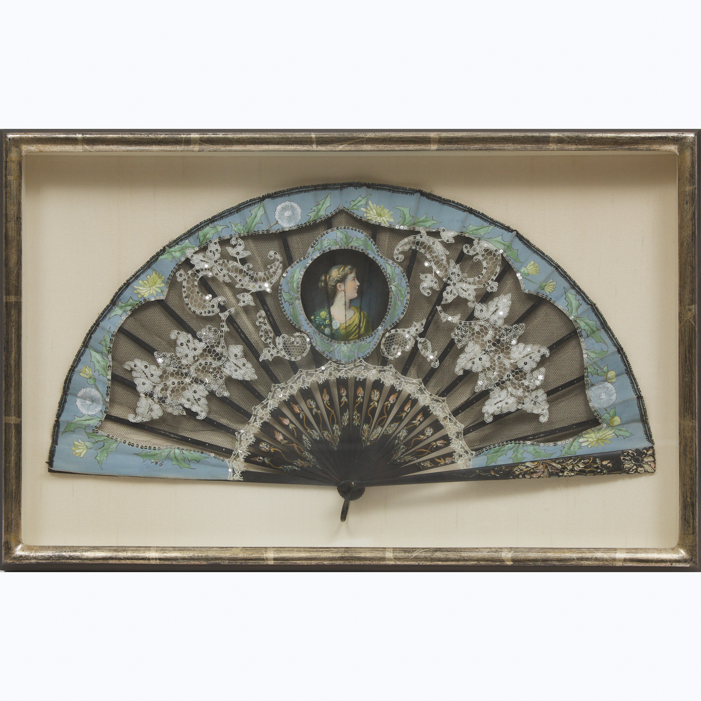 Frame Cased Sequined Lace and Painted Silk Fan, c.1900