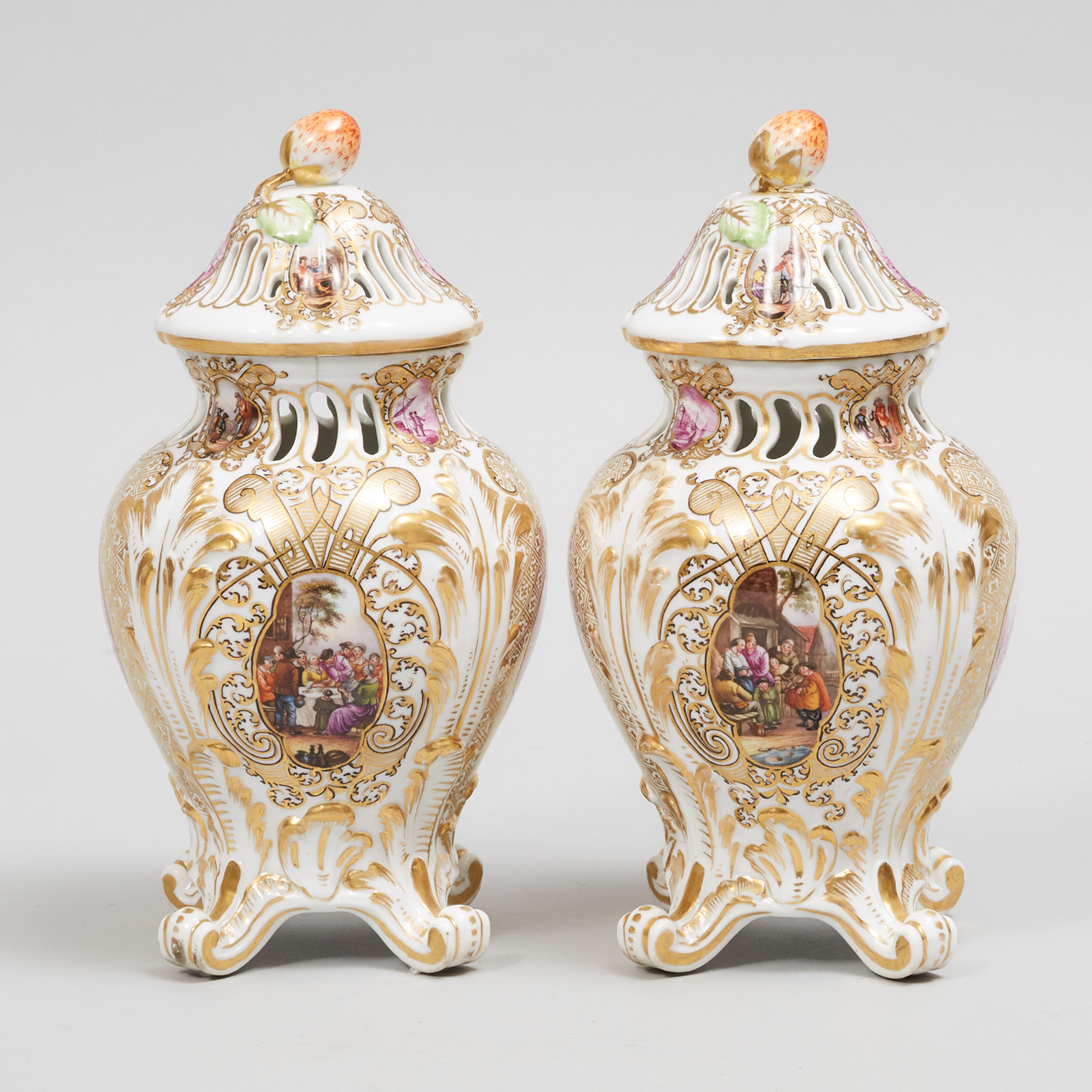Pair of Helena Wolfsohn, Dresden Potpourri Vases and Covers, late 19th century