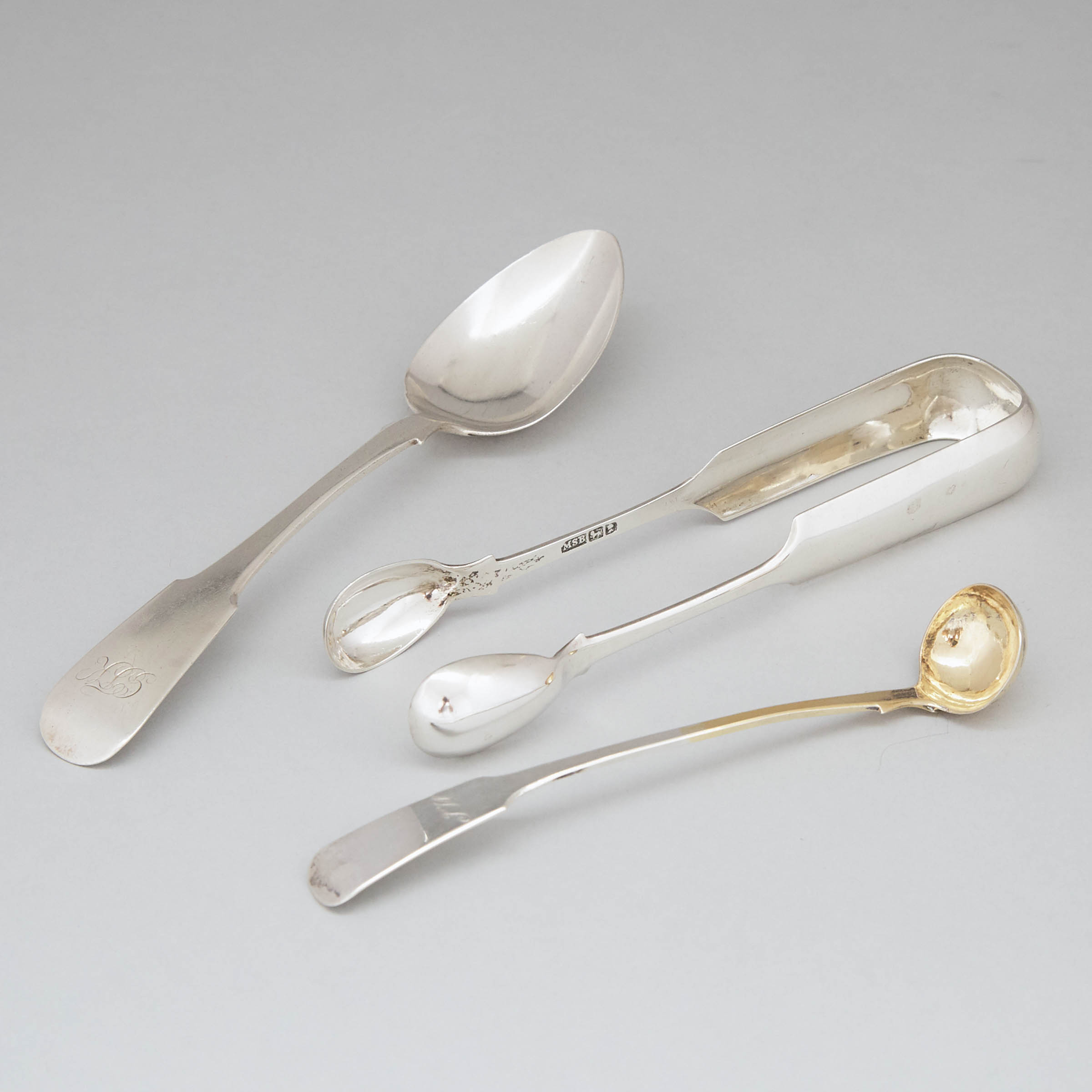 Canadian Silver Fiddle Pattern Sauce Ladle, George Savage, a Dessert Spoon, James Adams Dwight, Montreal, Que., and Sugar Tongs, Michael Septimus Brown, Halifax, N.S., 19th century
