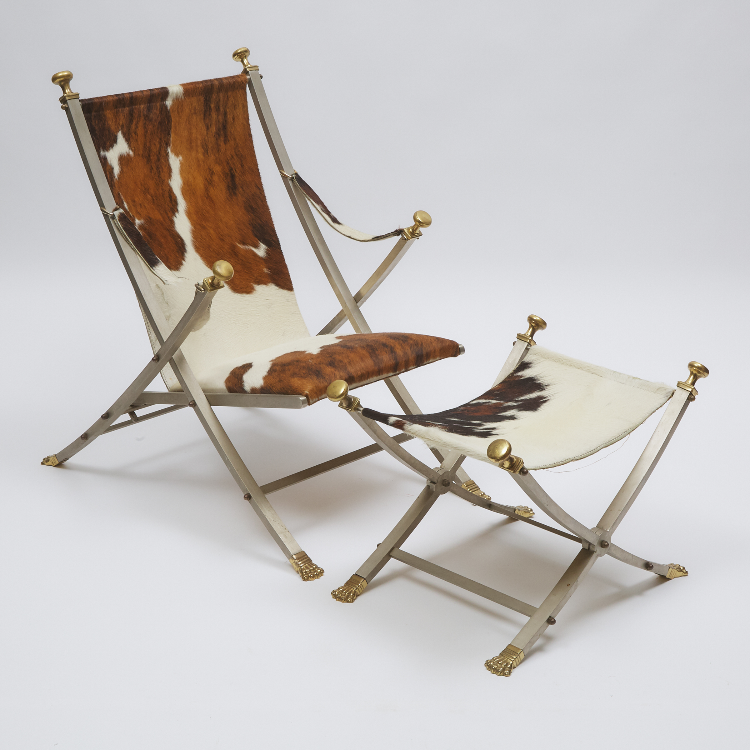Neoclassical Bronze Mounted Brushed Steel Campaign Chair and Ottoman by Otto Parzinger for Maison Jansen, Paris, c.1970